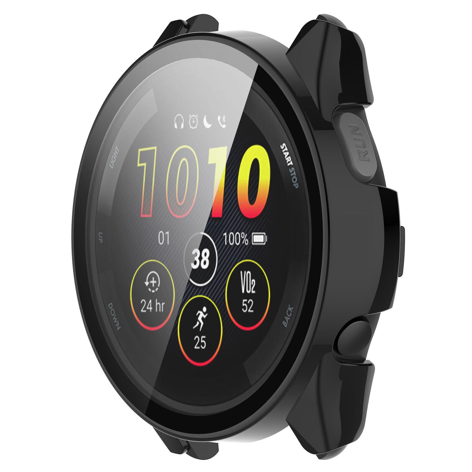 Schwarze Smartwatch mit Uhrzeit, Statistiken und Akku. Hat Tasten für Licht, Laufen und Start/Stopp. Der Bildschirm zeigt Zahlen.