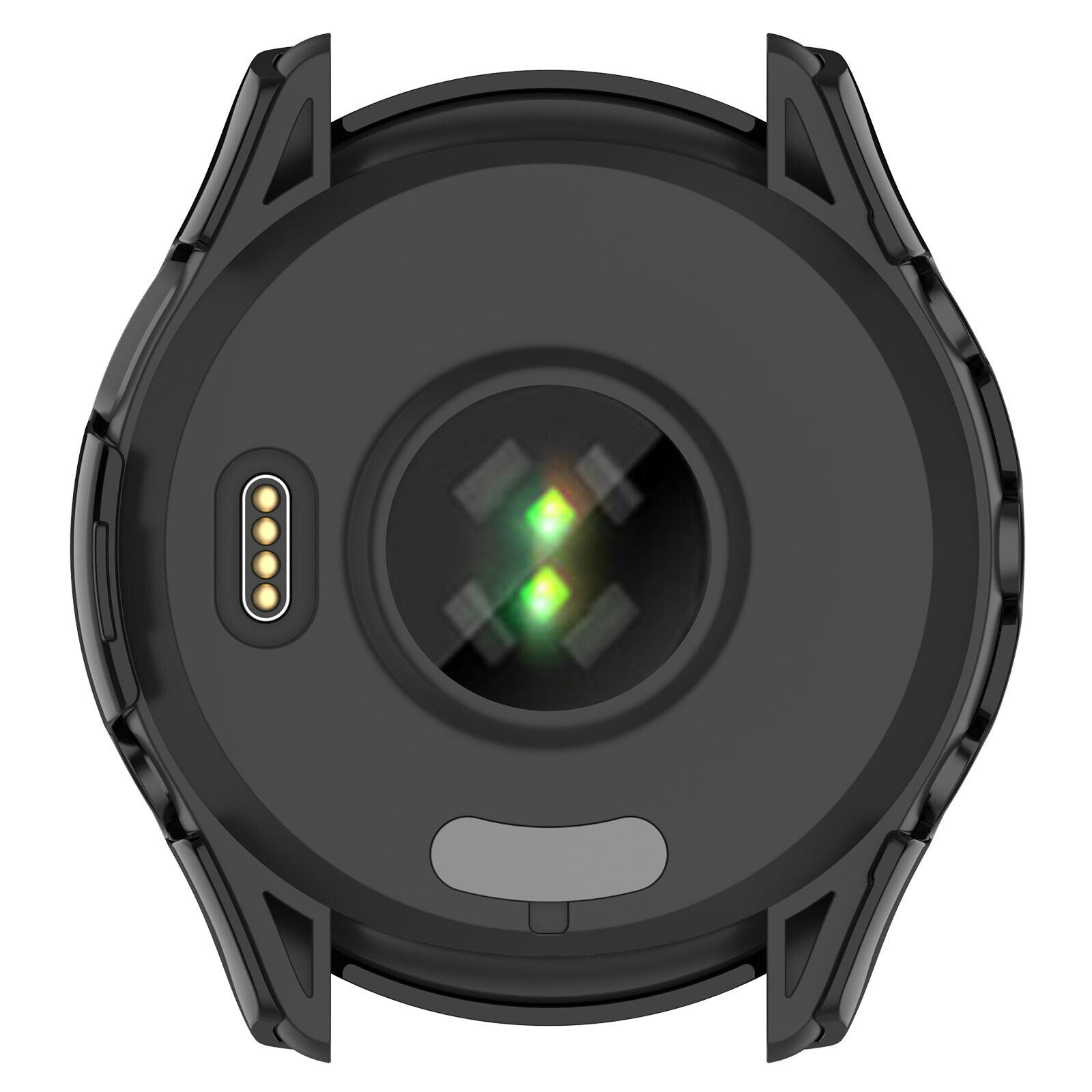 Rückansicht einer schwarzen Smartwatch. Sie zeigt einen Herzfrequenzsensor, Ladepunkte und ein Gehäusedesign.
