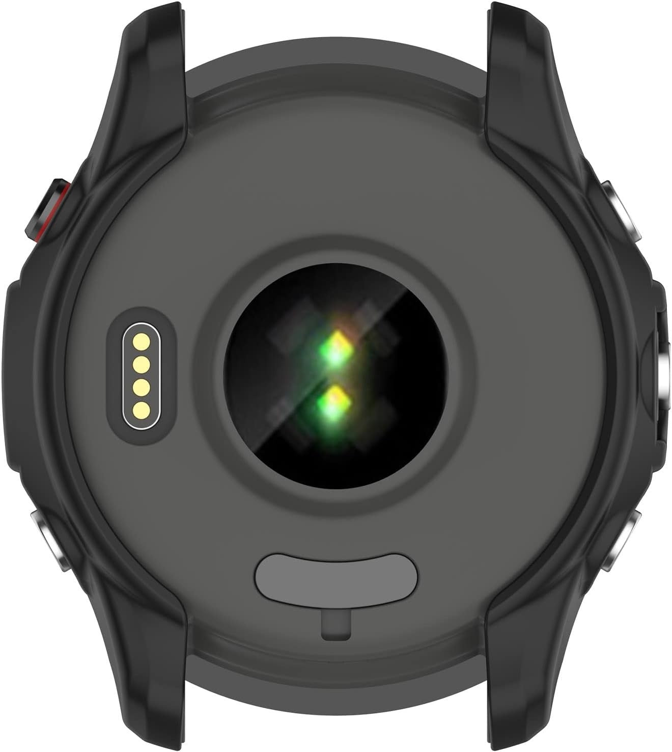 Nahaufnahme der Rückseite einer dunkelgrauen Smartwatch. Merkmale sind ein Sensor, Ladeanschluss und ein schwarzer Rahmen mit Knöpfen.