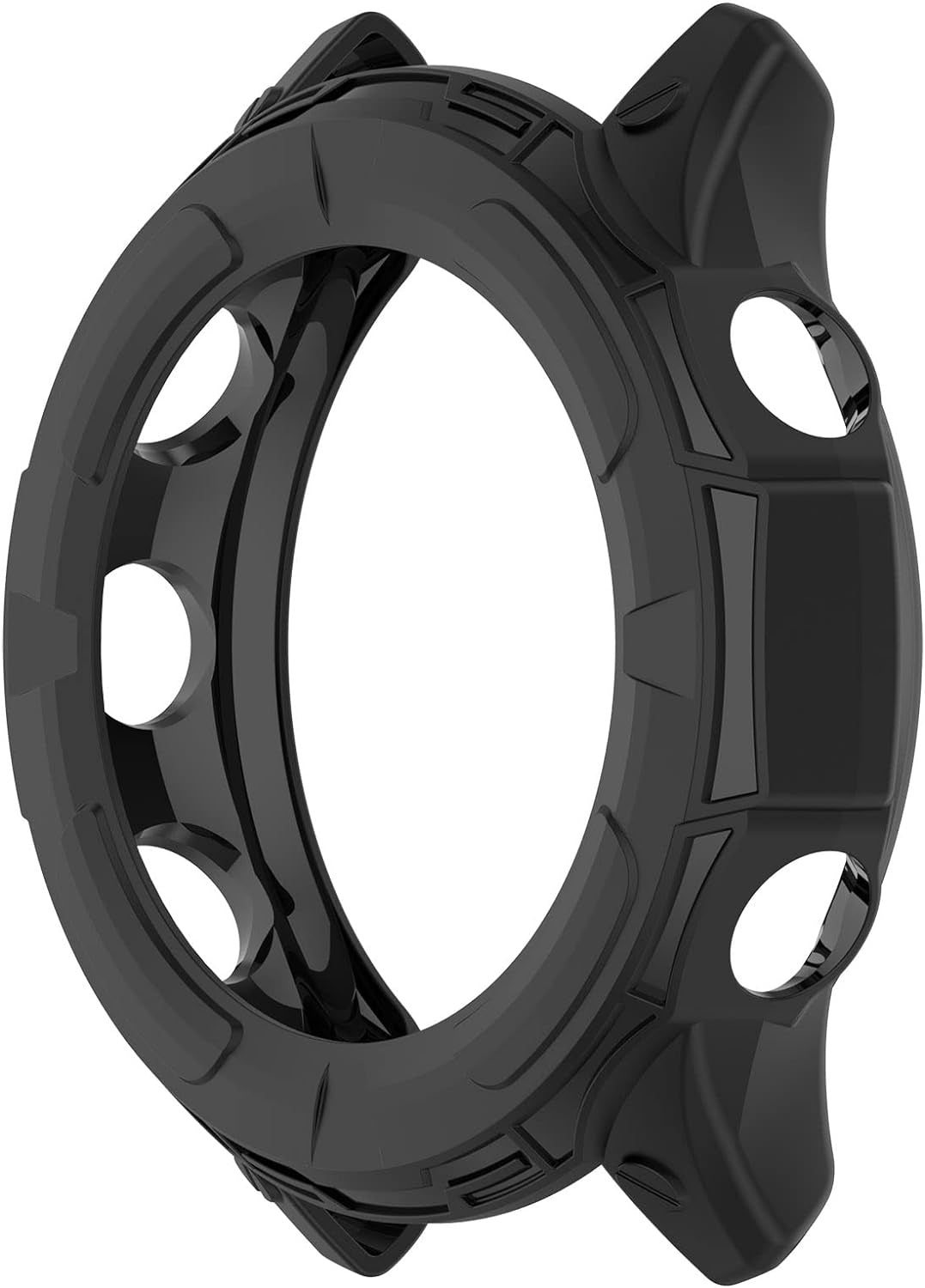 Schwarzer Uhrengehäuseschutz. Es hat ein kreisförmiges Design mit mehreren Löchern und strukturierten Mustern. Der Hintergrund ist weiß.