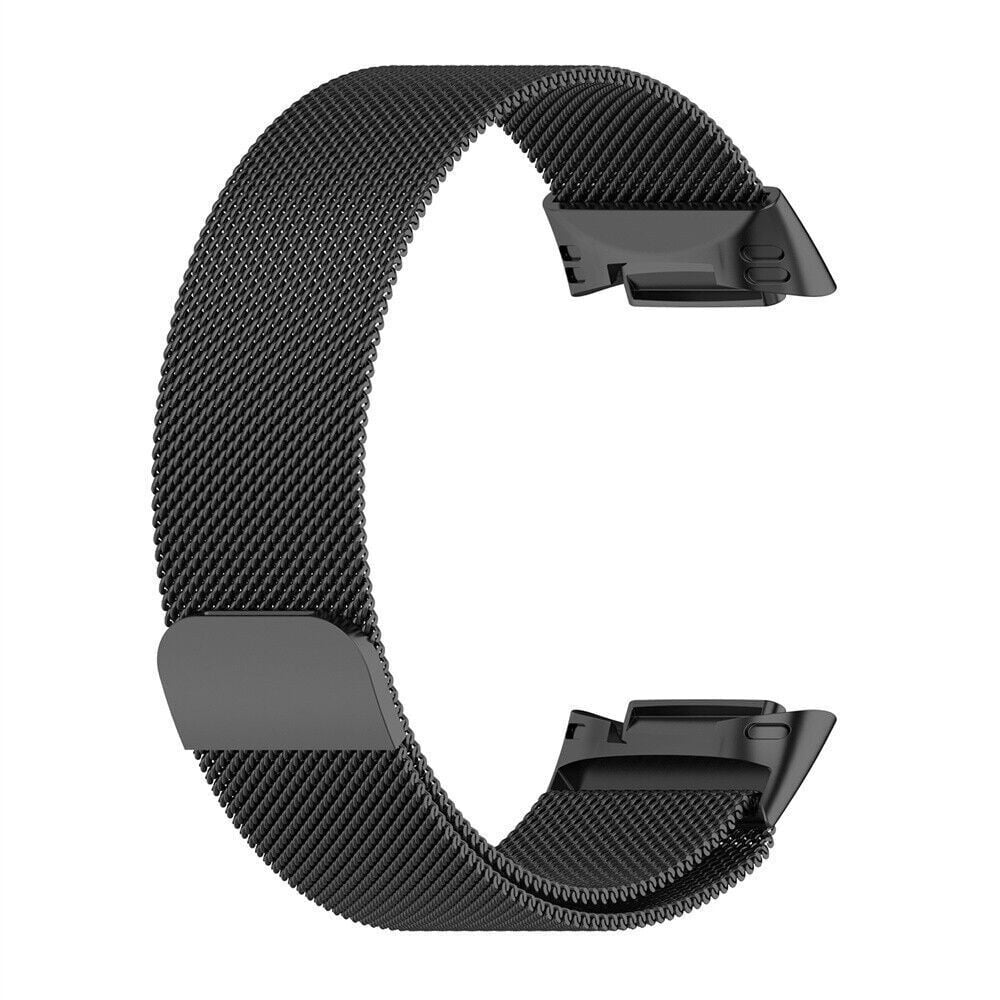 Ein schwarzes Uhrenarmband in C-Form. Es besteht aus Mesh-Material und hat zwei Anschlüsse und einen Verschluss. Der Hintergrund ist weiß.