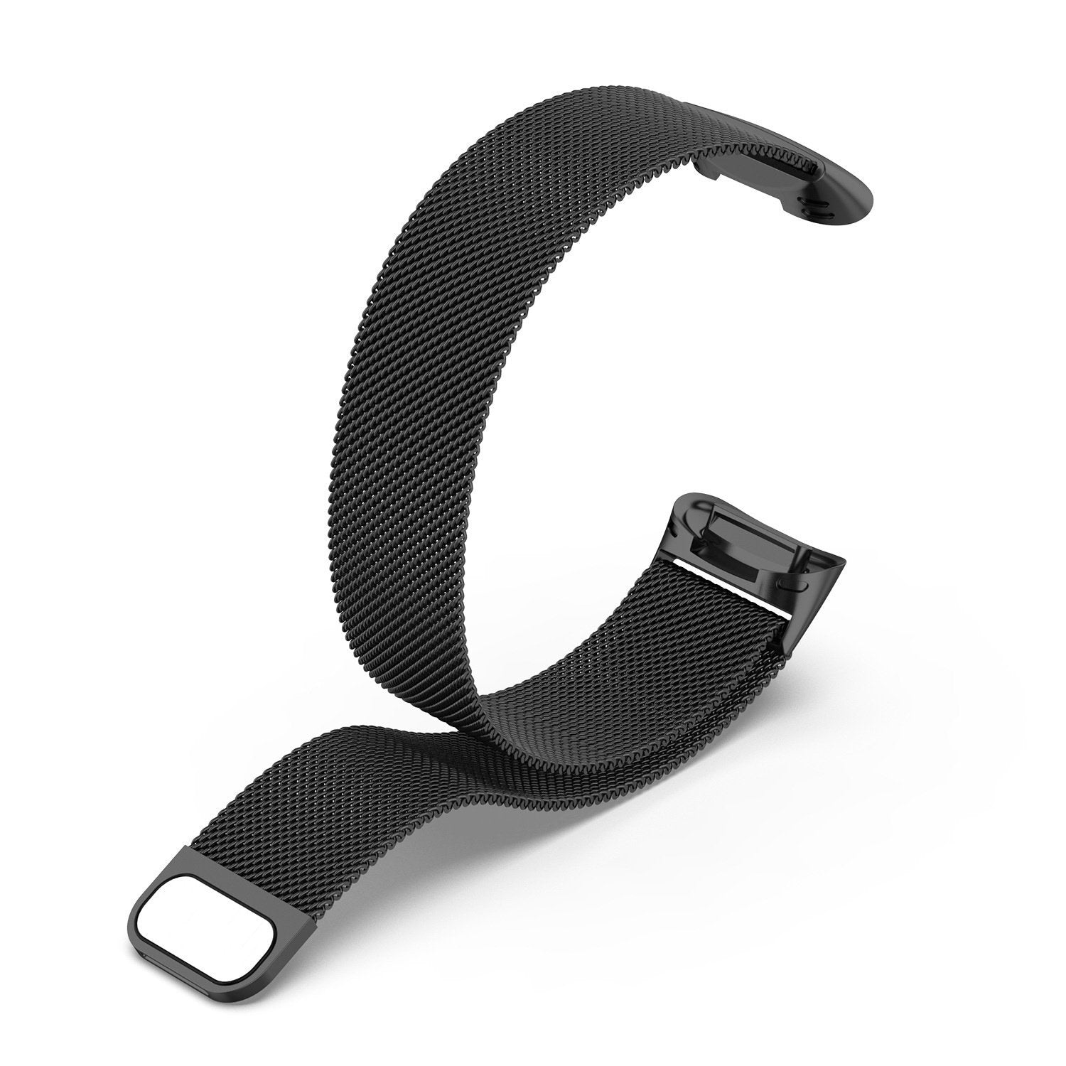 Ein schwarzes Metall-Mesh-Uhrenarmband ist vor weißem Hintergrund gebogen. Das Band hat einen Verschluss und ein rechteckiges Endstück.
