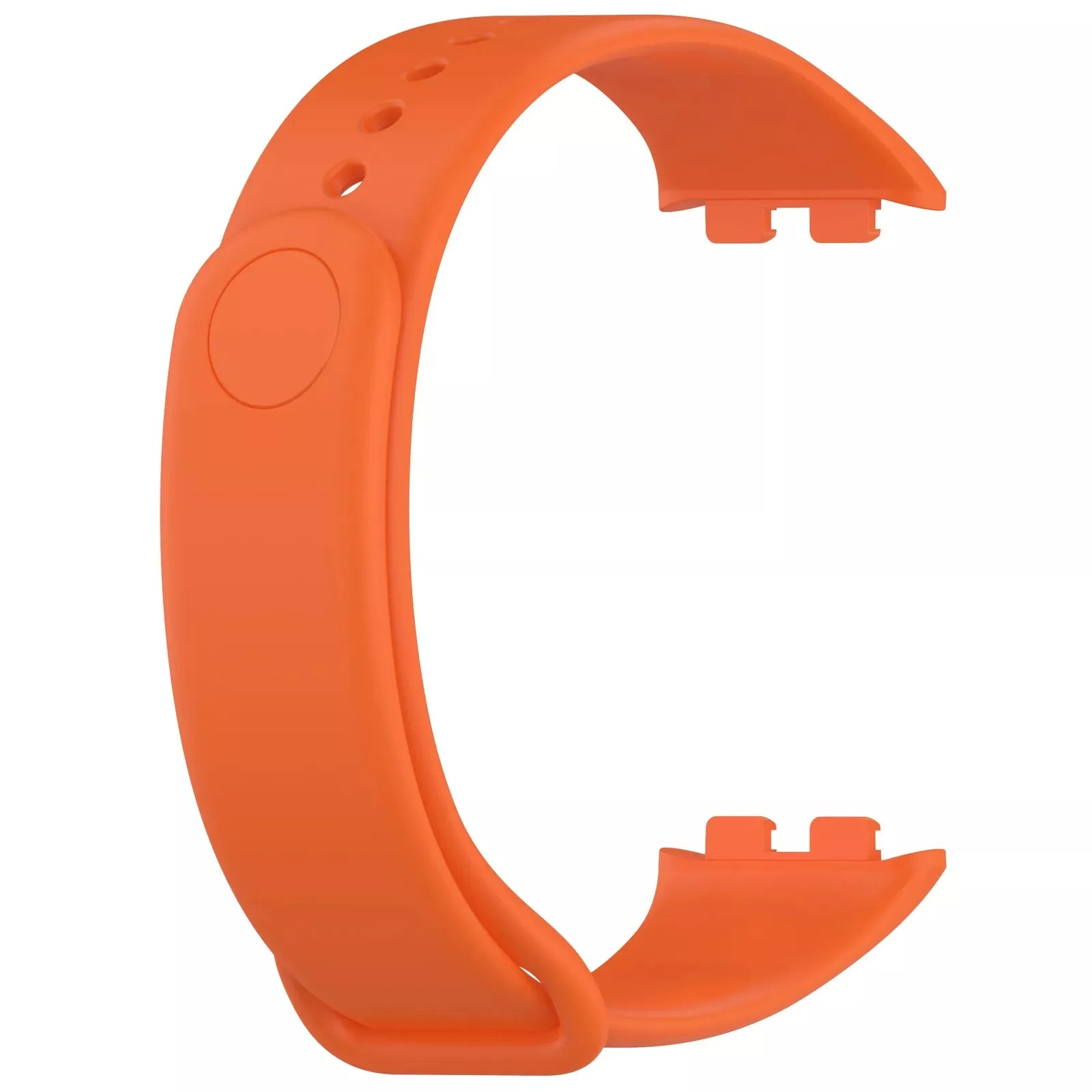 Ein orangefarbenes Smartwatch-Armband auf weißem Hintergrund. Es hat Löcher zur Anpassung und einen runden Knopf. Die Enden haben Laschen.