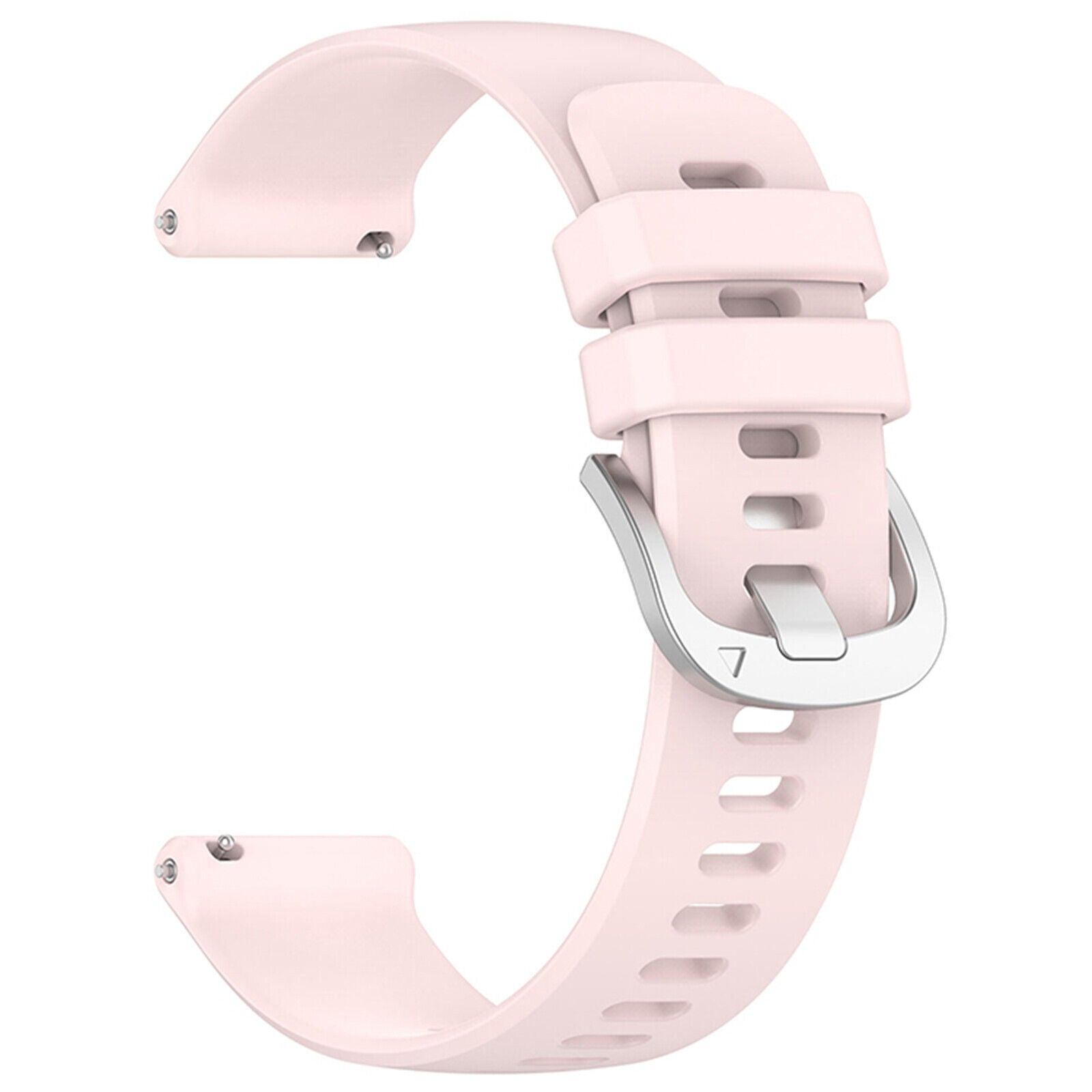 Hellrosa Uhrenarmband mit silberner Schnalle. Das Armband ist gebogen und zeigt die Stiftbefestigungen an jedem Ende.