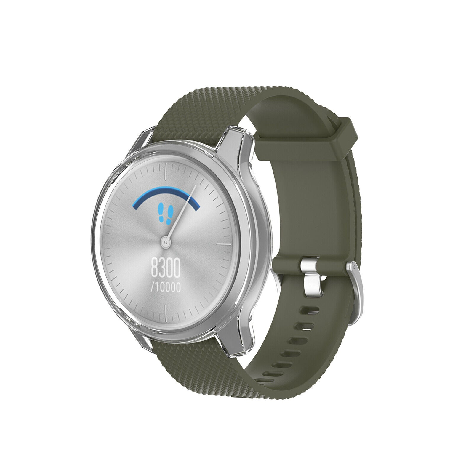 Eine silberne Smartwatch mit olivgrünem Armband. Das Zifferblatt zeigt Schritte mit 8300/10000 an. Das Armband wird durch eine Schnalle gesichert.