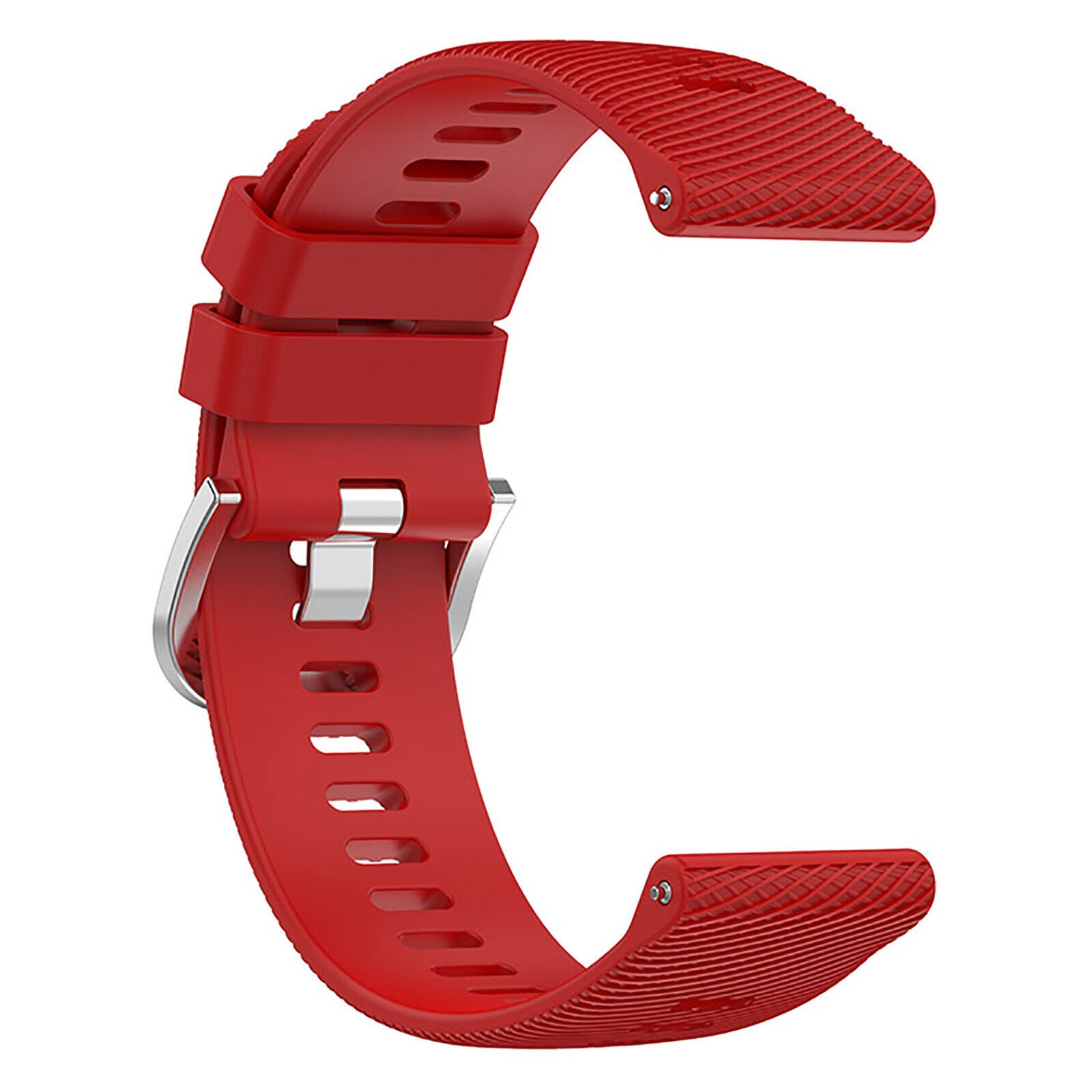 Ein rotes Uhrenarmband in C-Form. Es hat eine Metallschnalle und mehrere Löcher. Die Oberfläche hat ein strukturiertes Muster.