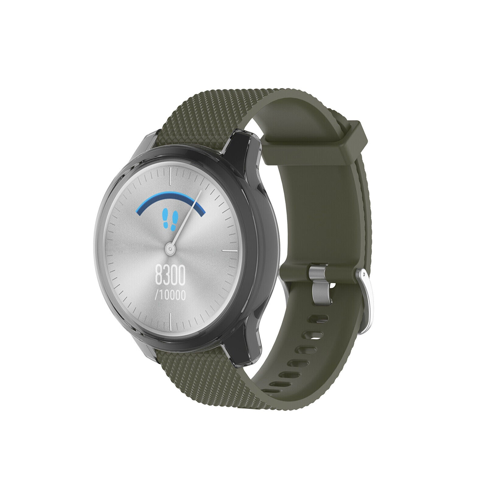 Eine Smartwatch mit olivgrünem Armband. Das Zifferblatt zeigt die Schritte und einen Fortschrittsbalken. Die Uhr ist auf weißem Grund.