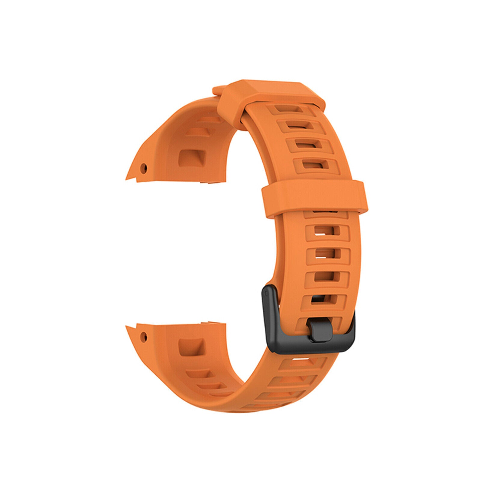 Orangenes Uhrenarmband mit schwarzem Verschluss. Es hat ein geschlitztes Design. Die Enden haben Löcher zur Befestigung.