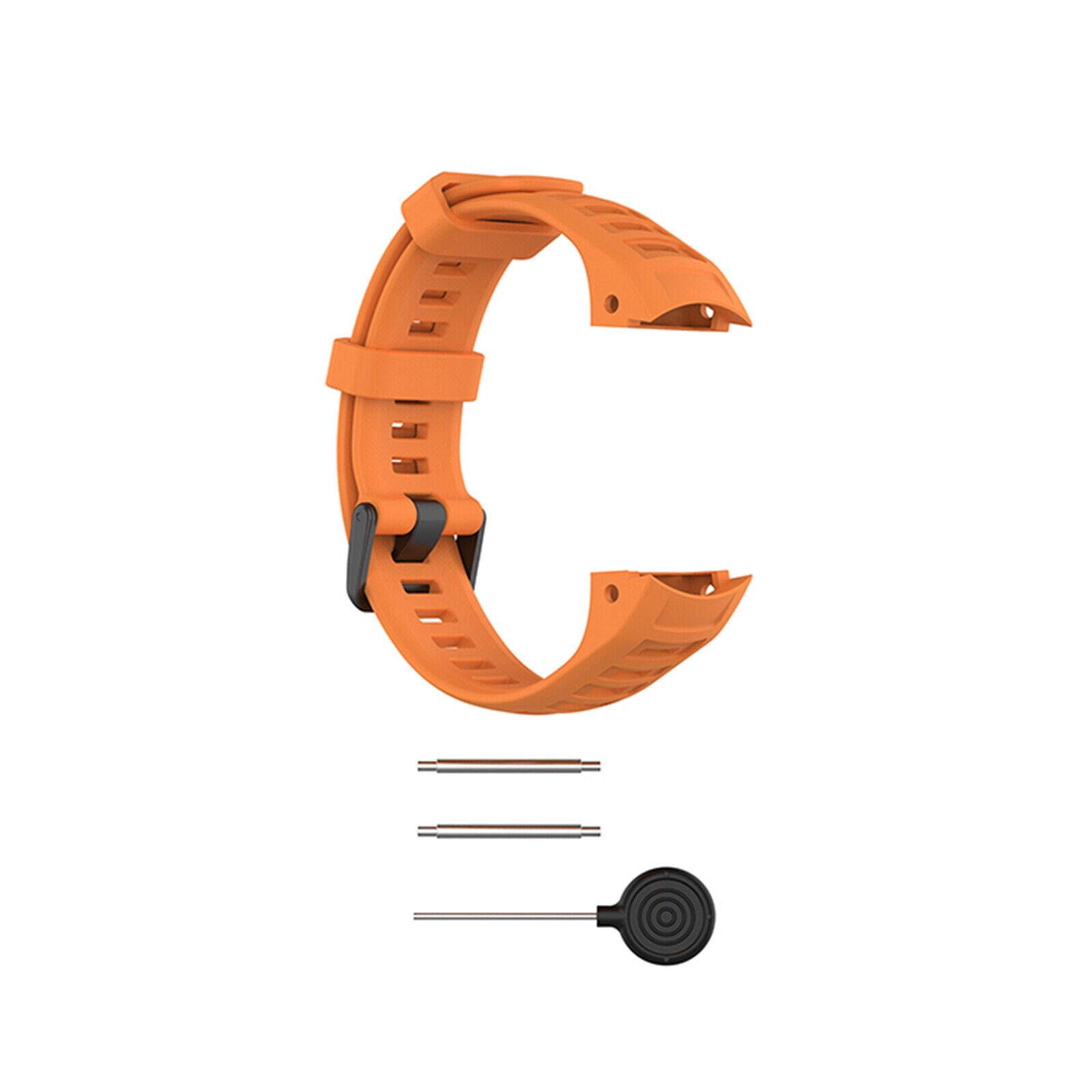 Oranges Uhrenarmband und Werkzeuge auf weißem Hintergrund. Armband in C-Form mit schwarzer Schnalle. Werkzeuge unter dem Armband.