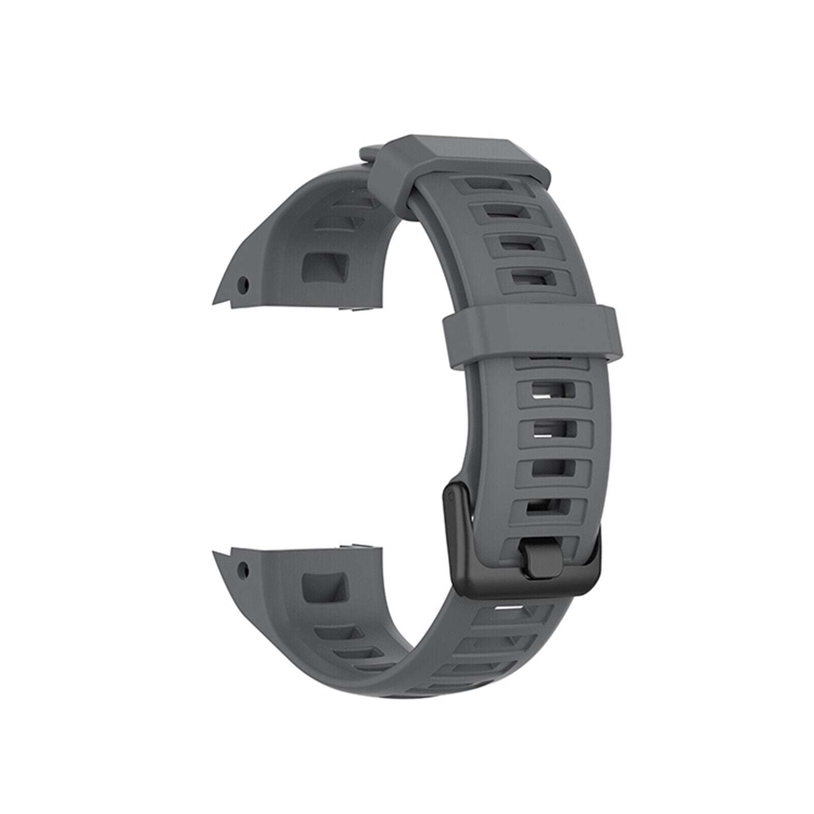 Ein graues Uhrenarmband wird vor einem weißen Hintergrund gezeigt. Das Armband ist gebogen und hat einen schwarzen Verschluss.