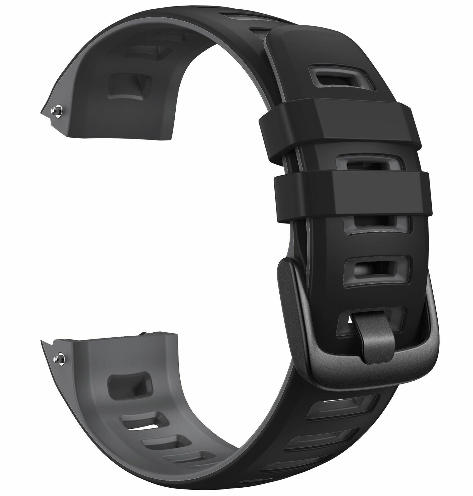 Ein schwarzes Uhrenarmband. Es hat eine Schnalle, mehrere Löcher und ist gebogen. Der Hintergrund ist weiß und hebt das Design hervor.