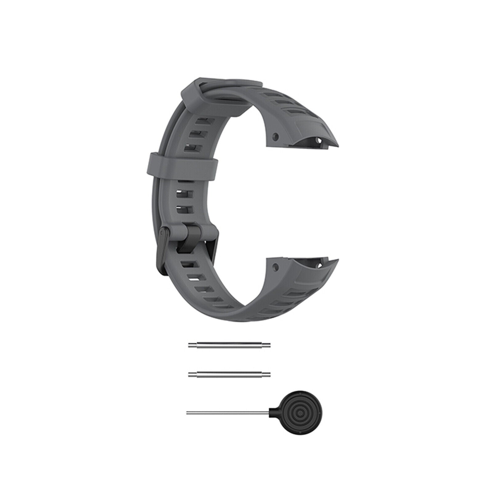 Ein graues Uhrenarmband und Werkzeuge werden auf weißem Hintergrund angezeigt. Das Armband hat eine C-Form, mit Stiften und einem Werkzeug.