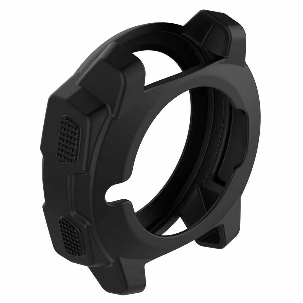 Schwarze Schutzhülle für eine Smartwatch. Sie besteht aus Kunststoff und hat eine runde Form mit einem Ausschnitt für den Bildschirm.