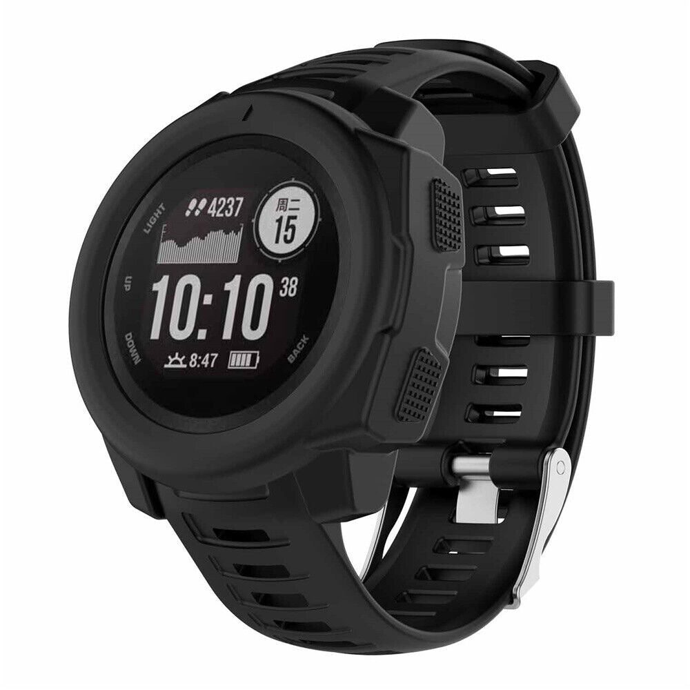 Eine schwarze Smartwatch, die Zeit (10:10), Schritte (4237) und Datum anzeigt. Sie hat ein schwarzes Armband und eine silberne Schließe.