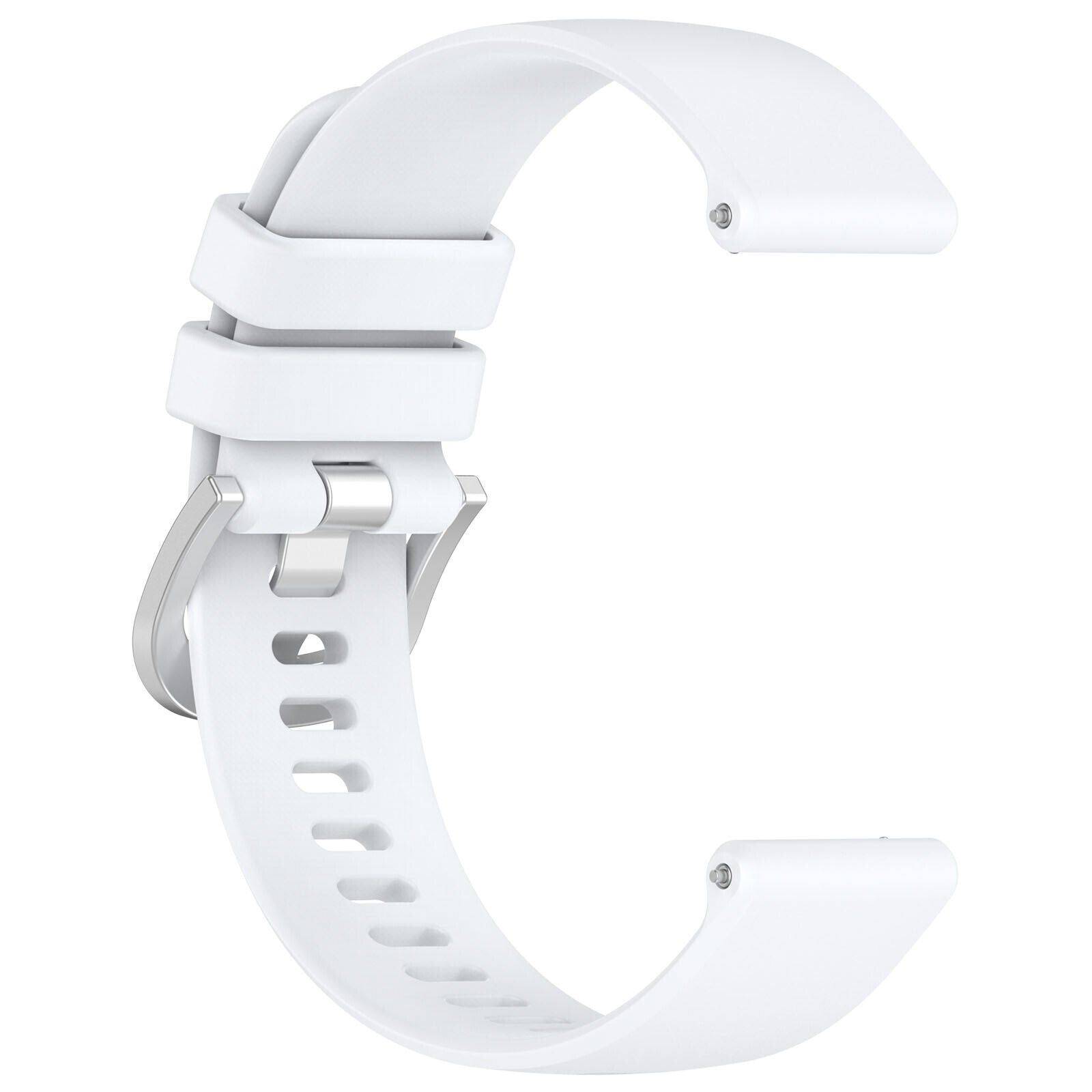 Ein weißes Uhrenarmband mit silbernem Metallverschluss. Das Armband ist gebogen und hat mehrere Löcher.