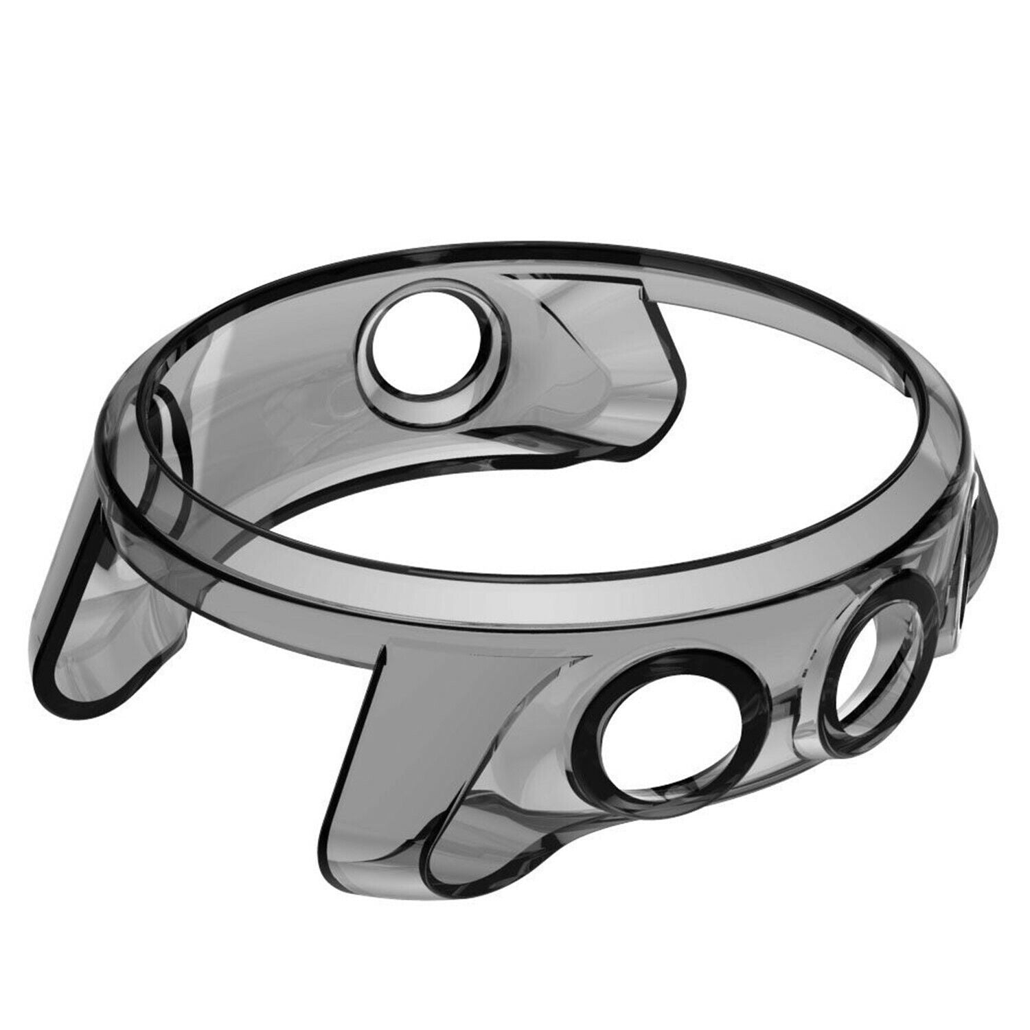 Eine transparente, graue Uhrenhülle mit drei runden Löchern und einem gebogenen Rahmen. Es scheint eine Schutzhülle für eine Smartwatch zu sein.