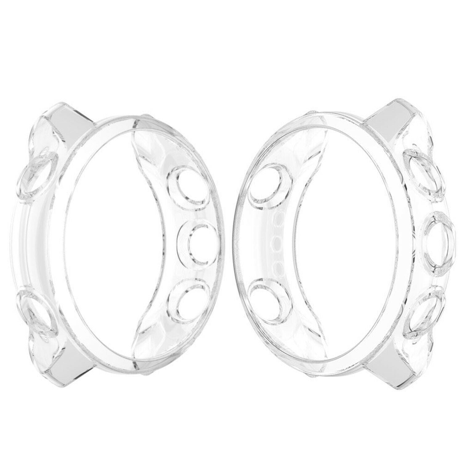 Zwei transparente Uhrenschützer nebeneinander. Jeder hat ein kreisförmiges Design mit mehreren Löchern für Knöpfe, aus transparentem Kunststoff.