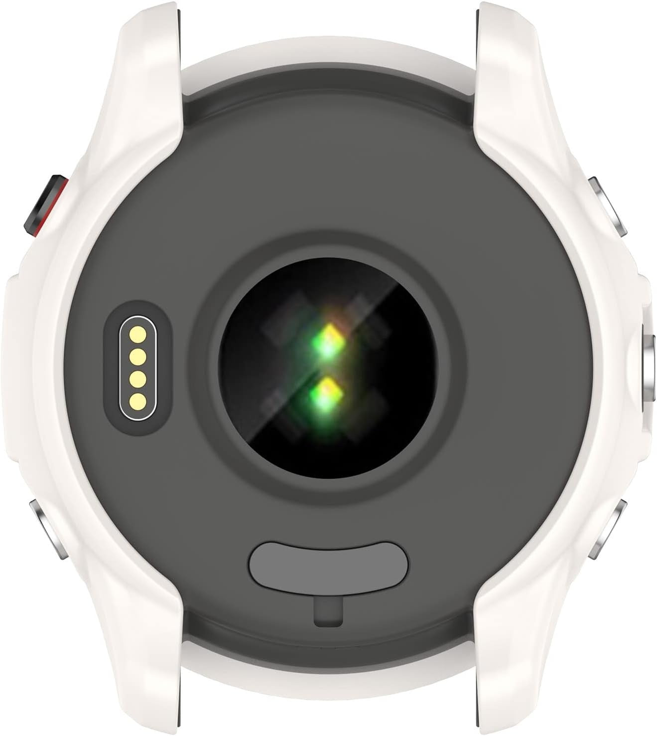 Nahaufnahme einer weißen und grauen Smartwatch-Rückseite. Merkmale sind ein Herzfrequenzsensor, Knöpfe und ein Ladeanschluss.