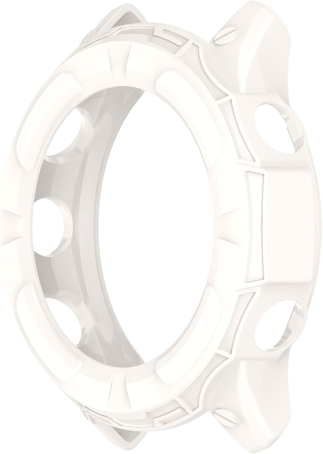 Ein weißer, kreisförmiger Uhrengehäuseschutz. Es hat eine Ringform mit mehreren Aussparungen und erhabenen, gebogenen Abschnitten. Der Hintergrund ist weiß.