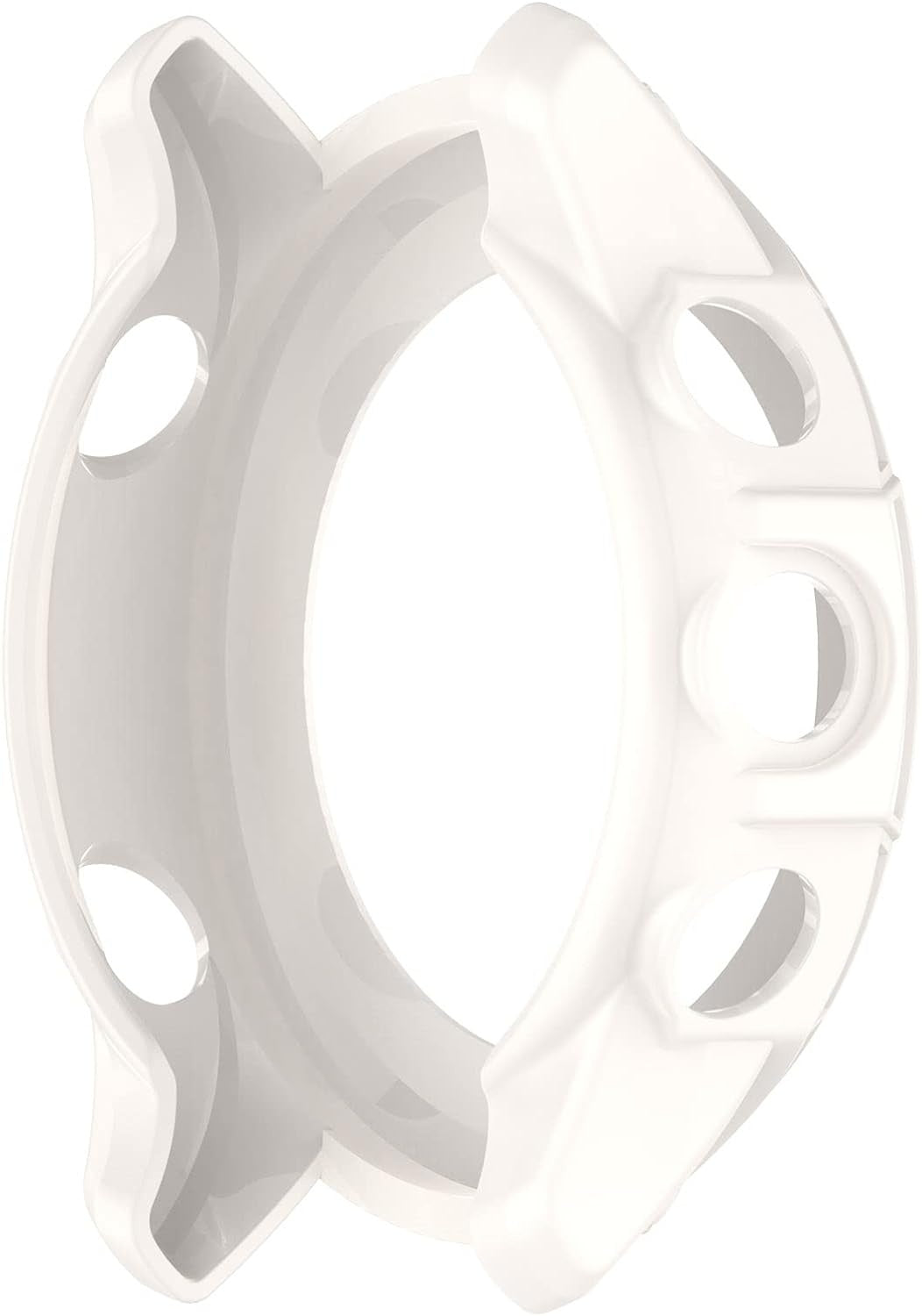 Ein weißes, kreisförmiges Uhrengehäuse. Es hat mehrere kreisförmige Öffnungen und eine Ringform. Der Hintergrund ist weiß.