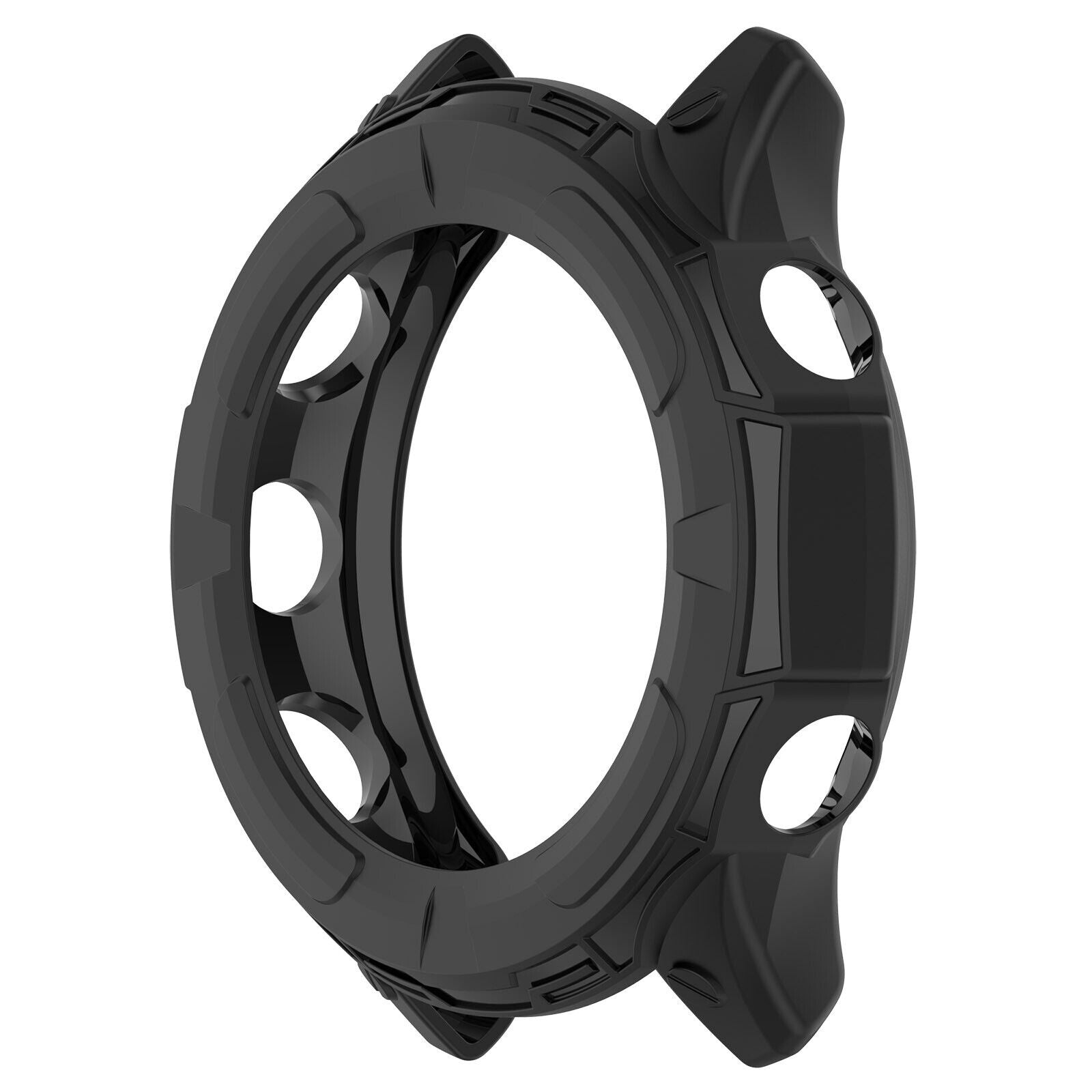 Eine schwarze Lünette mit kreisförmigem Design, mehreren Löchern und einem erhabenen Rand. Sie befindet sich vor weißem Hintergrund.