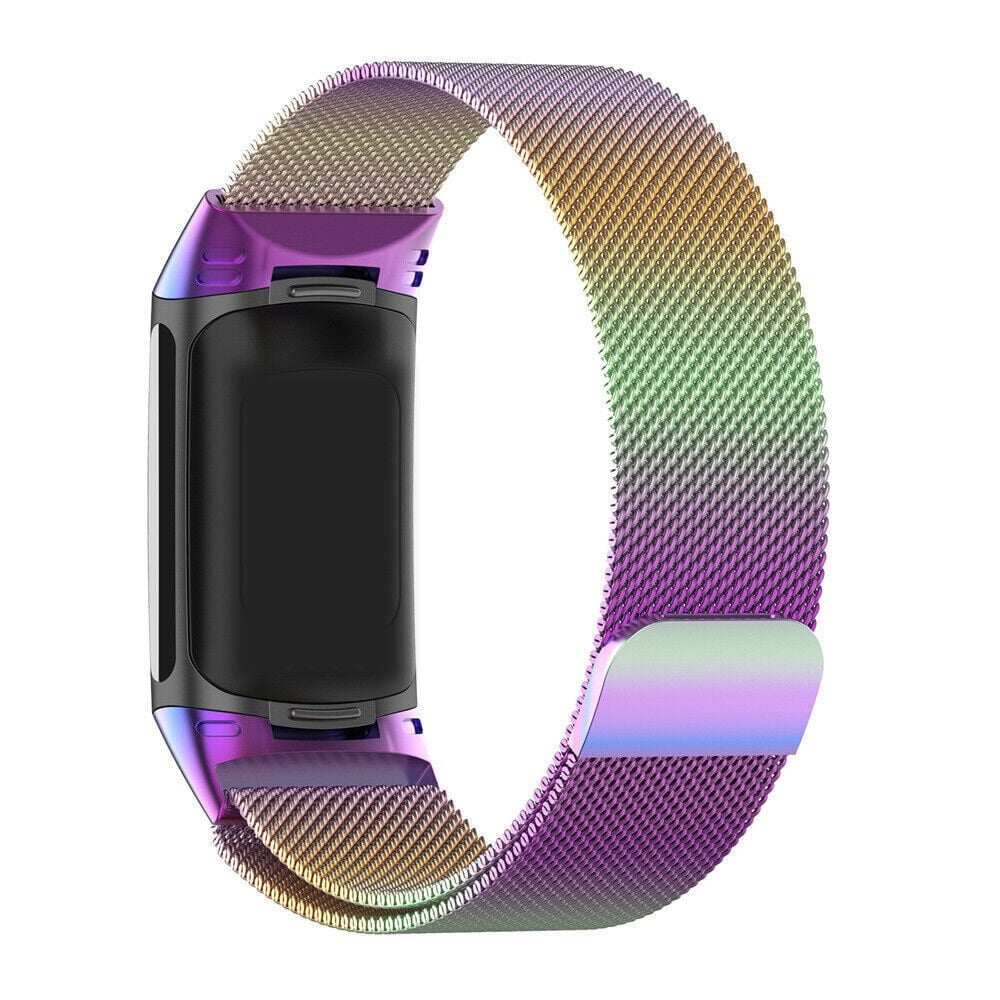 Ein Armband für eine Smartwatch mit einem Mesh-Design. Farben gehen von Lila über Grün nach Gelb über. Das Gehäuse ist schwarz und lila.