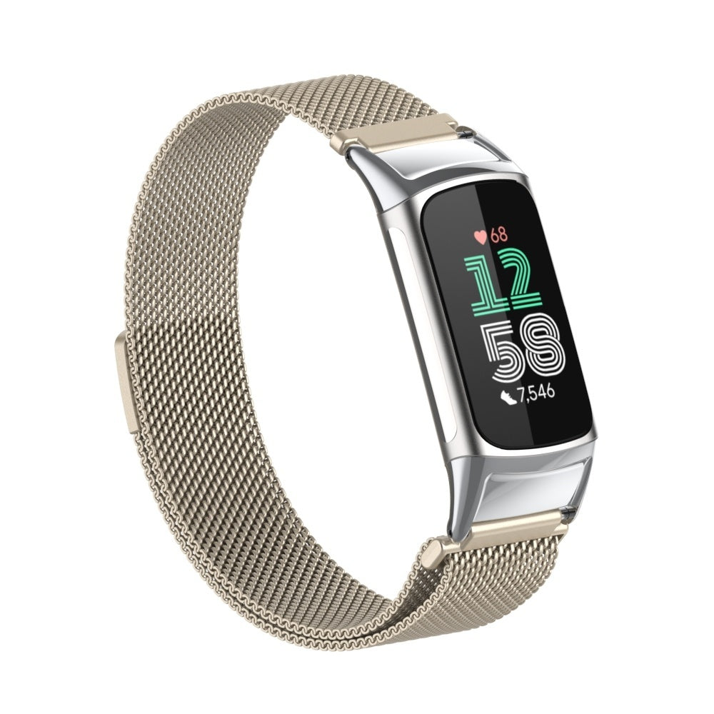 Eine silberne Smartwatch mit Mesh-Armband zeigt Zeit und Gesundheitsdaten an. Der Bildschirm zeigt 12:58, Herzfrequenz und Schrittzahl.
