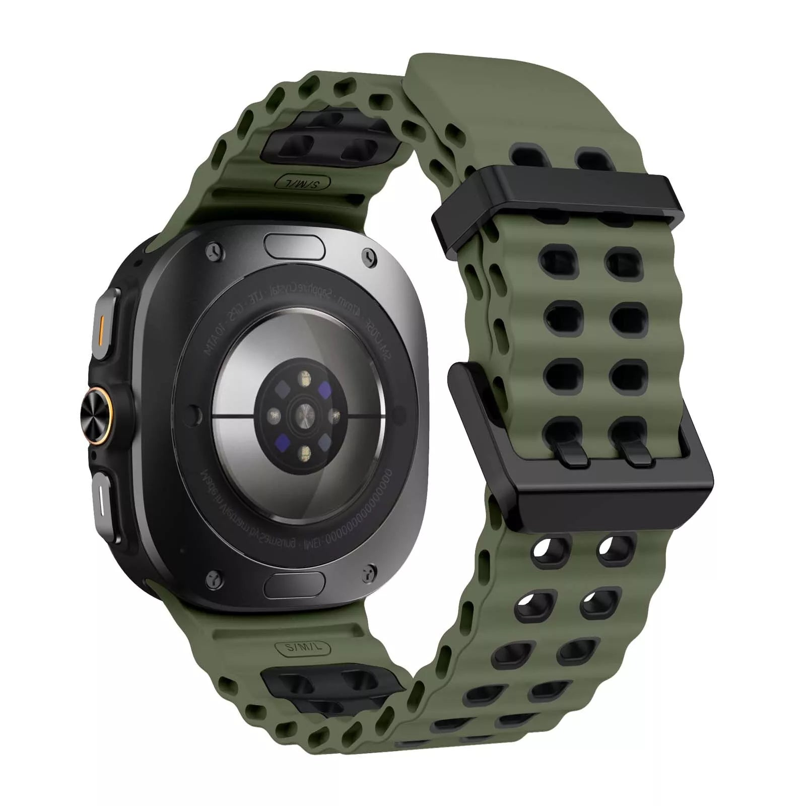 Eine grüne Smartwatch mit schwarzem Zifferblatt und Armband. Das Armband ist olivgrün mit schwarzen Akzenten.