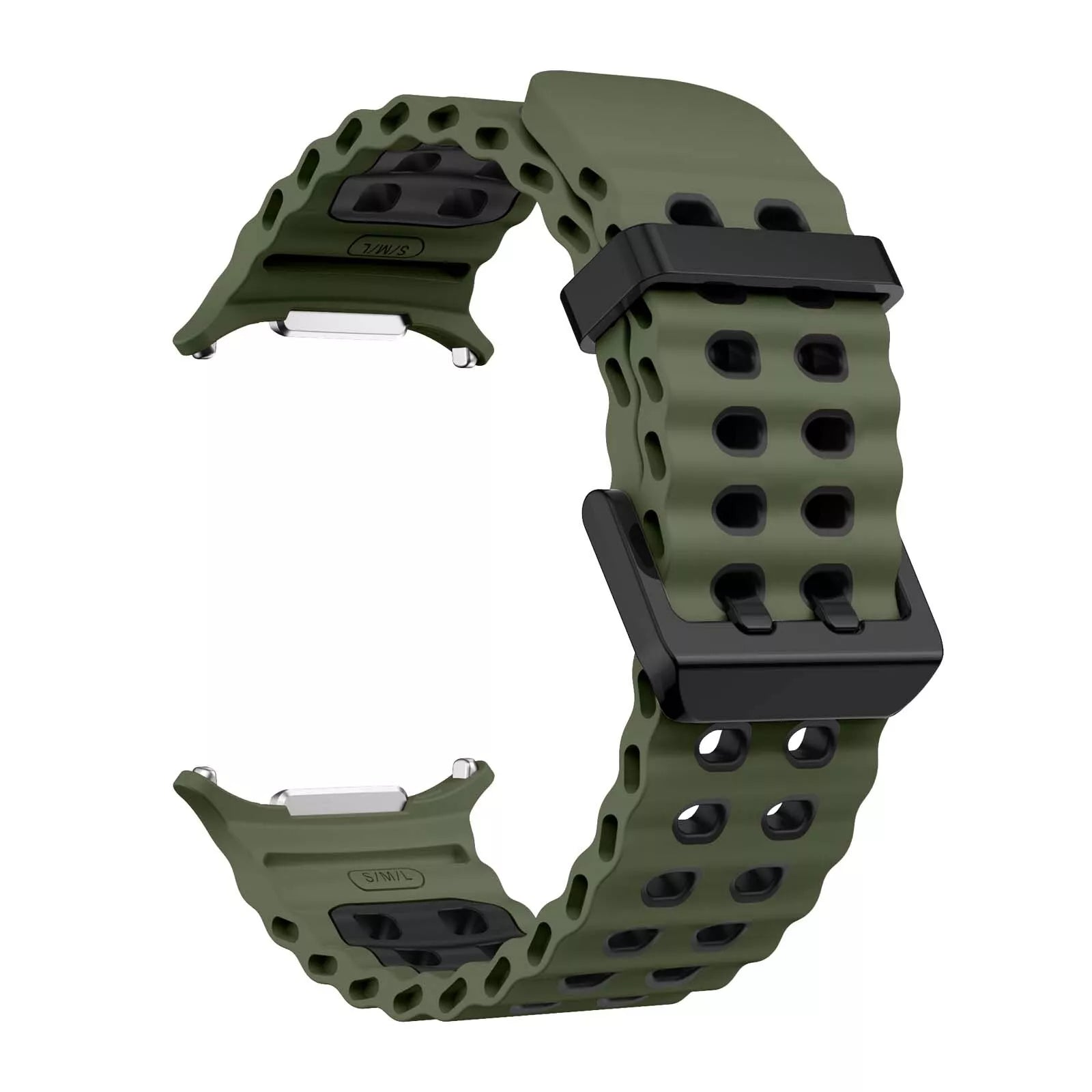 Ein olivgrünes Armband mit schwarzen Steckern. Das Armband besteht aus Gummi und hat ein perforiertes Design.