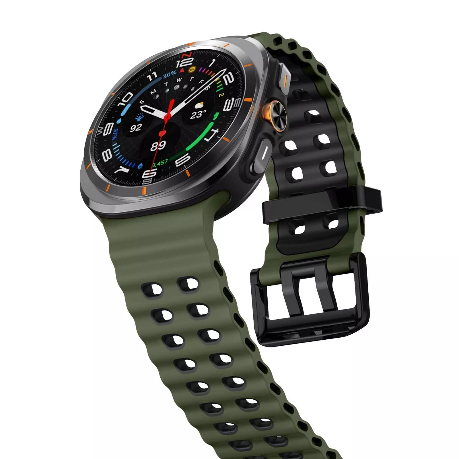 Eine Smartwatch mit grünem Armband wird gezeigt. Das Zifferblatt zeigt Zeit, Daten und andere Metriken an. Das Armband ist mit einer schwarzen Schnalle verbunden.