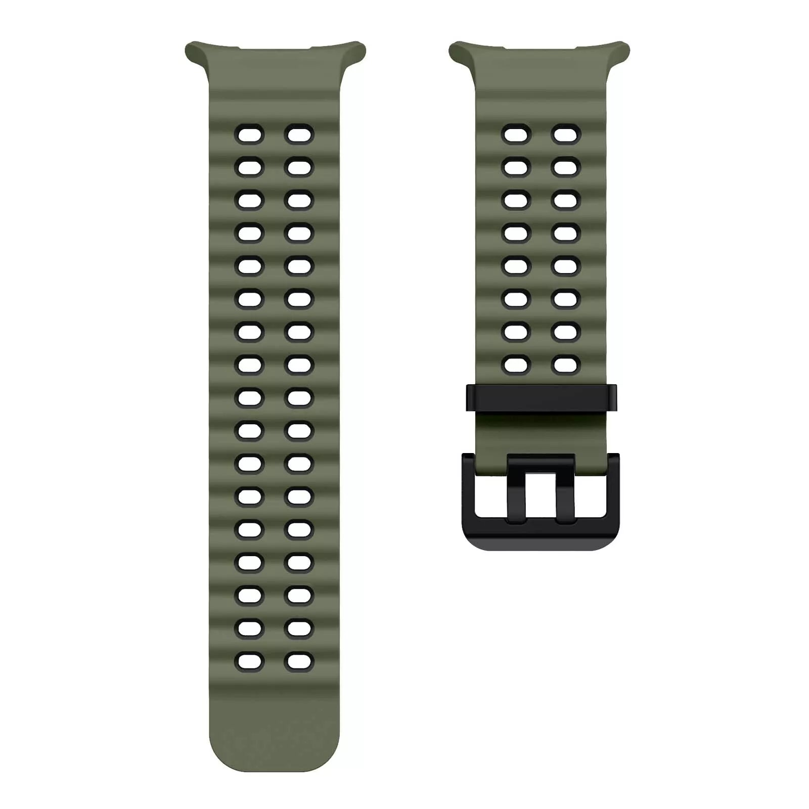 Zwei olivgrüne Uhrenarmbänder auf weißem Hintergrund. Ein Band hat eine schwarze Schnalle.