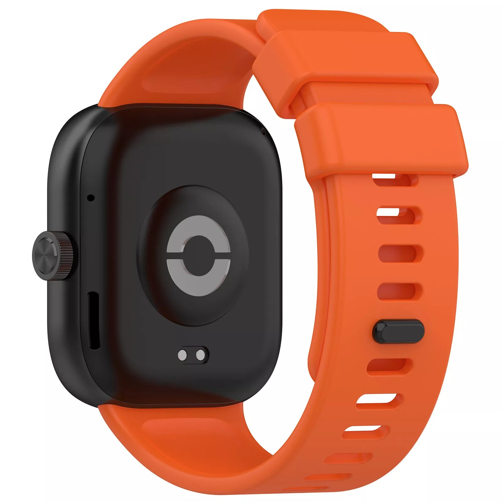 Eine schwarze Smartwatch mit orangefarbenem Armband. Die Uhr zeigt die Rückseite mit Sensor und einem Zifferblatt.