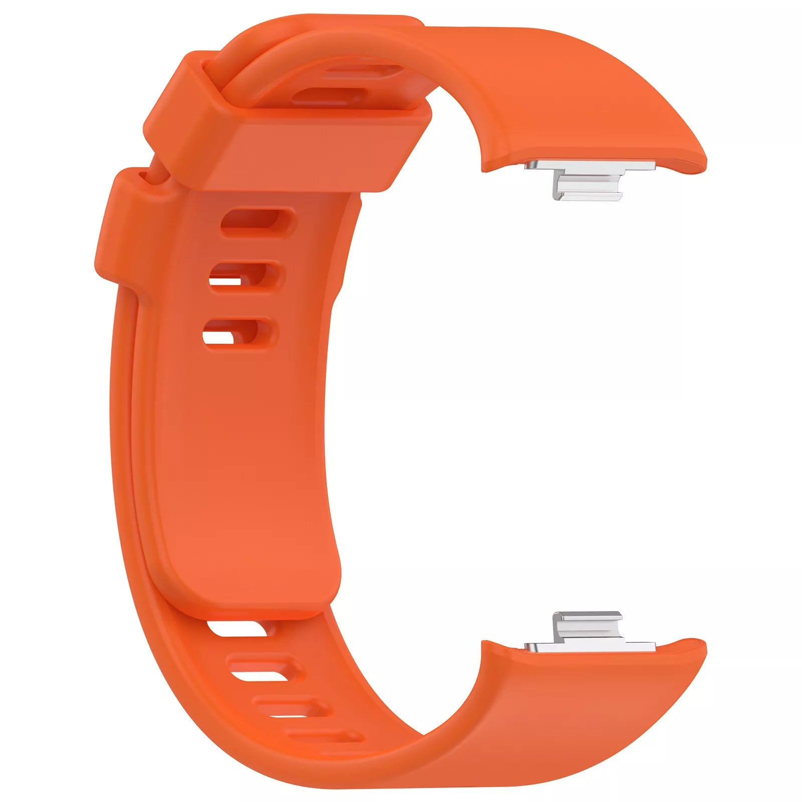 Ein orangefarbenes Uhrenarmband mit silbernen Verschlüssen. Das Band hat drei rechteckige Löcher auf der linken Seite. Der Hintergrund ist weiß.