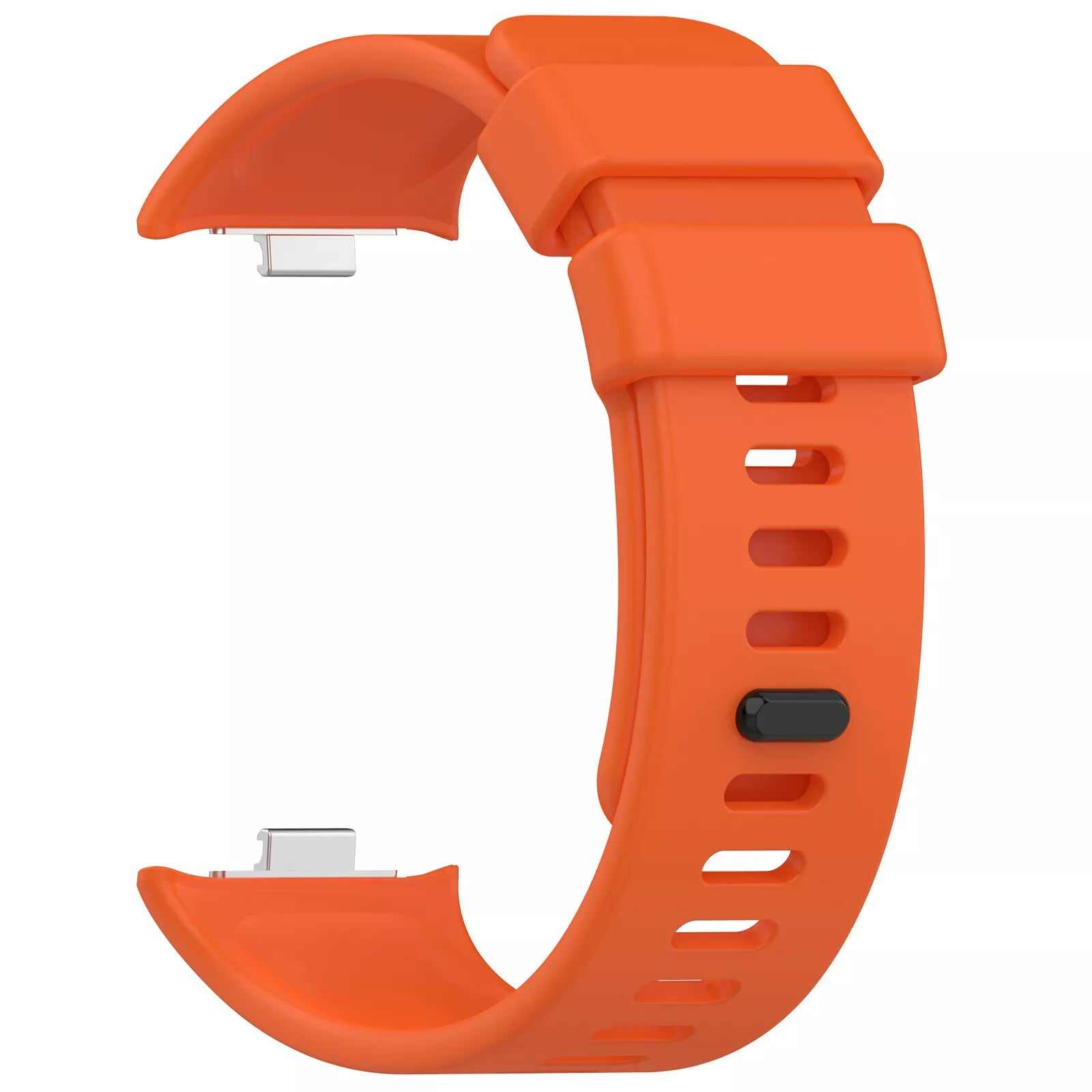 Oranges Smartwatch-Armband mit schwarzem Knopf und silbernen Anschlüssen auf weißem Hintergrund.