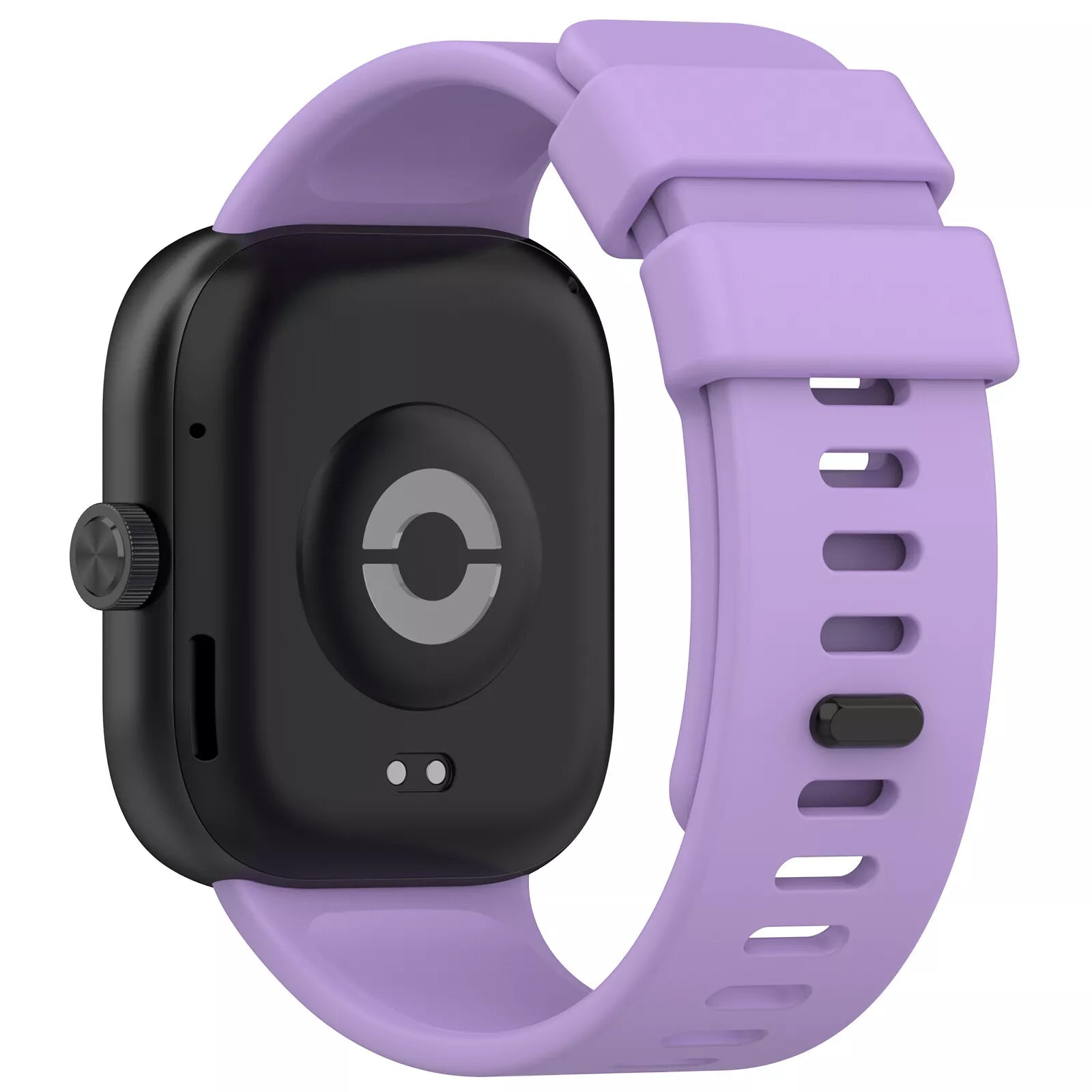 Eine schwarze Smartwatch mit lila Armband wird gezeigt. Die Rückseite der Uhr hat ein Kreisdesign und zwei Punkte.