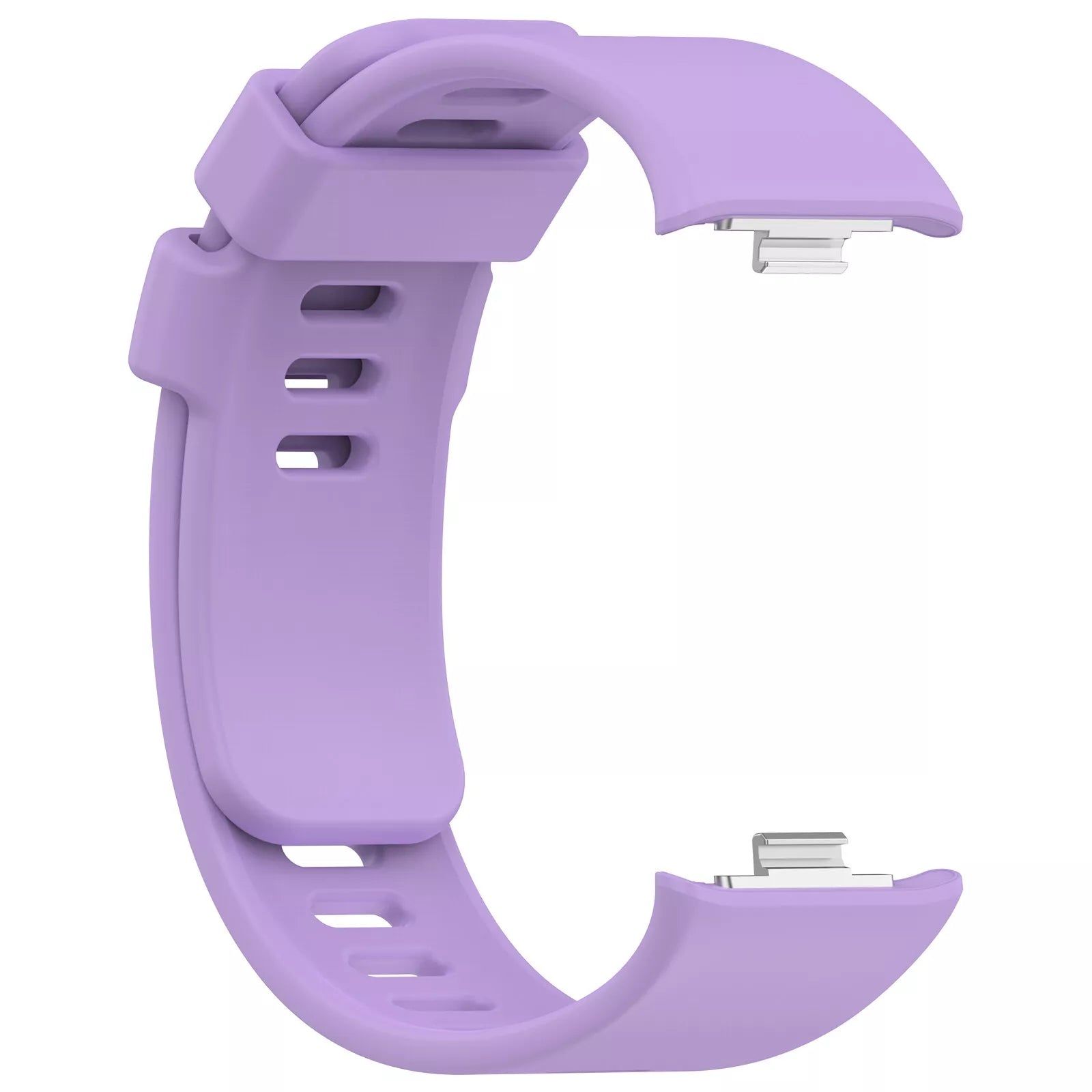 Ein helllila Uhrenarmband mit Metallverschlüssen. Es hat Löcher zur Anpassung. Der Hintergrund ist weiß.