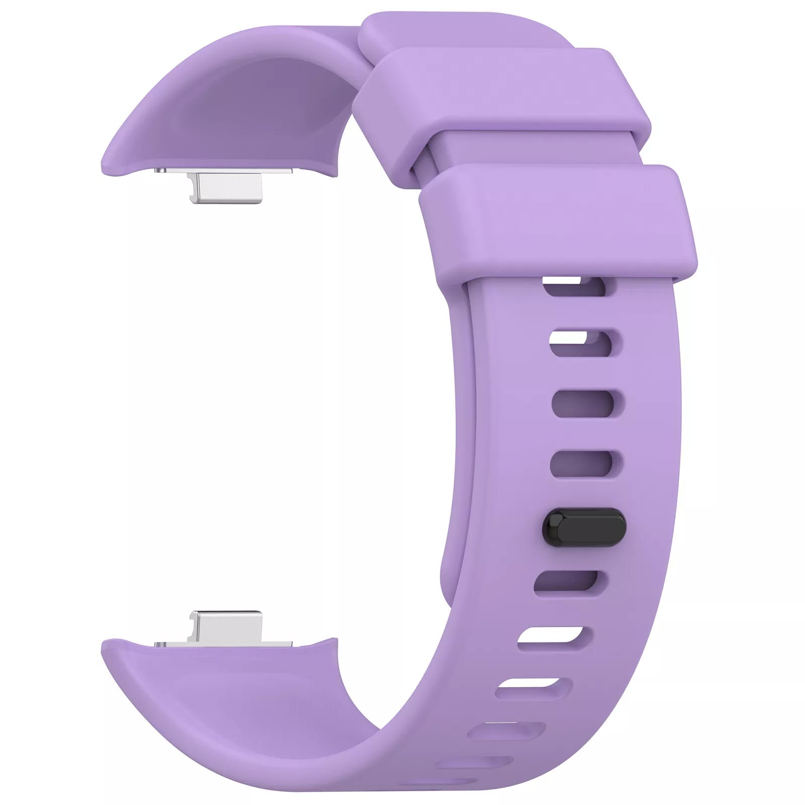 Ein lavendelfarbenes Smartwatch-Armband mit Metallverbindern und einem schwarzen Knopf. Es hat mehrere Löcher zur Anpassung.