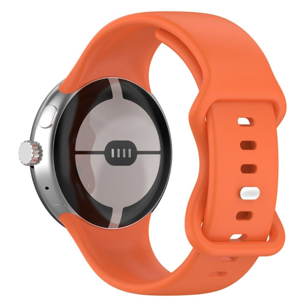 Eine orangefarbene Smartwatch mit silberner Lünette wird von hinten gezeigt. Die Uhr hat ein passendes orangefarbenes Armband. Die Rückseite hat einen Sensor.