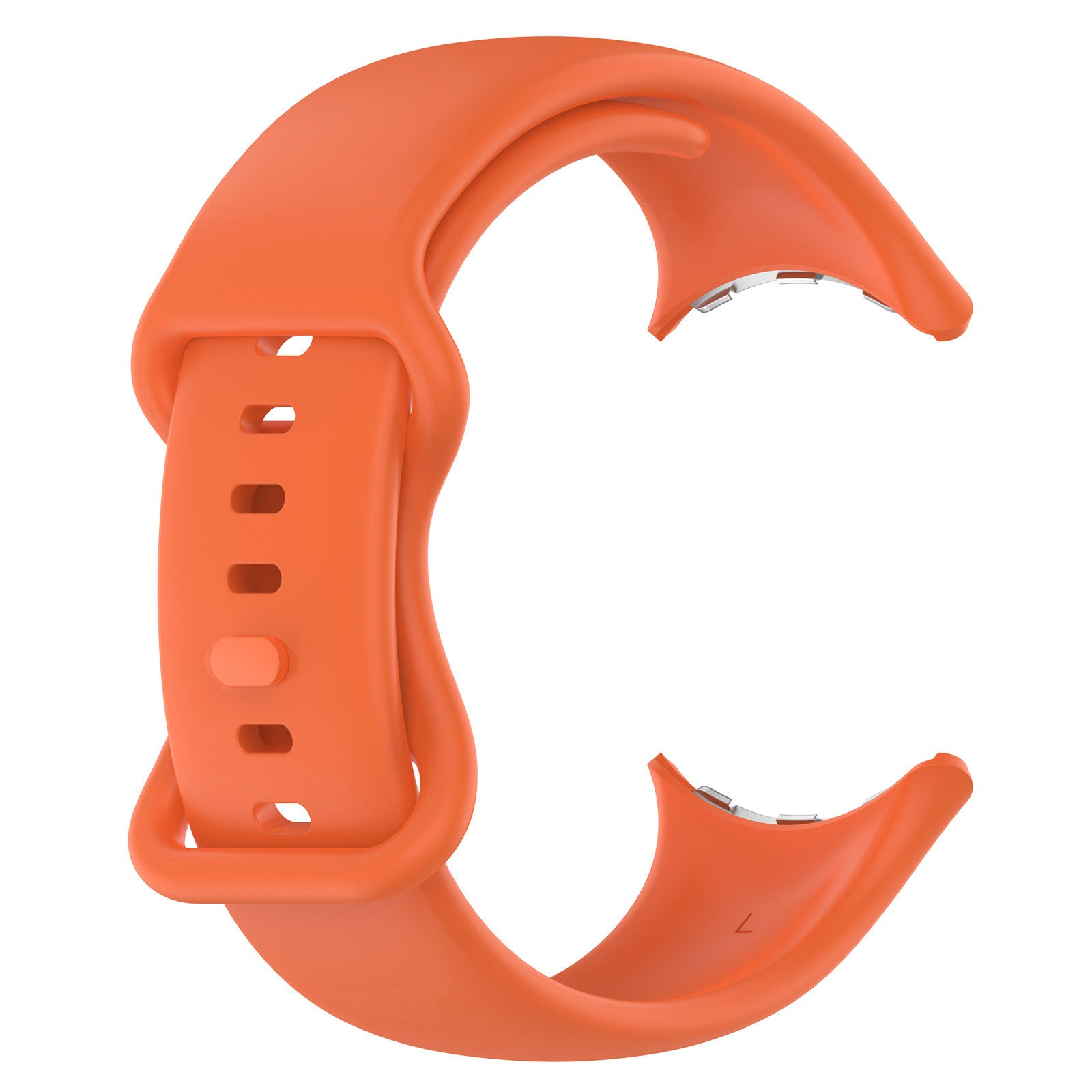 Ein orangefarbenes Smartwatch-Armband mit Löchern zur Einstellung. Das Band ist gebogen und hat einen Verschluss.