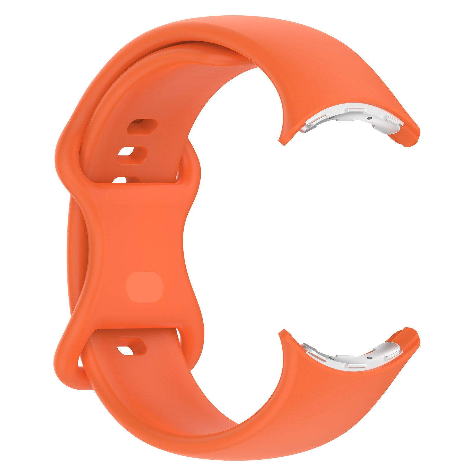 Ein orangefarbenes Uhrenarmband, gebogene Form, mit weißen und silbernen Steckverbindern an den Enden, isoliert vor weißem Hintergrund.