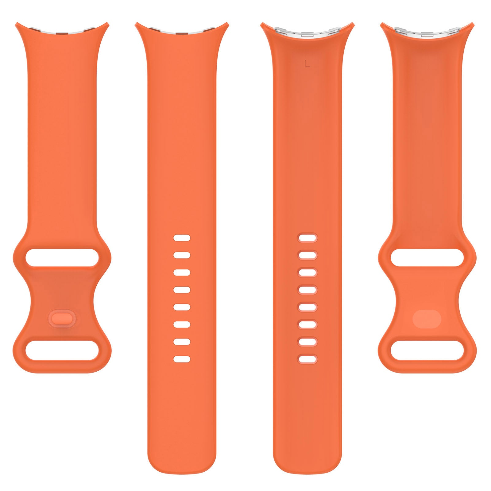 Vier orangefarbene Uhrenarmbänder sind vor einem weißen Hintergrund angeordnet. Zwei sind offen, zwei haben Löcher zur Anpassung.
