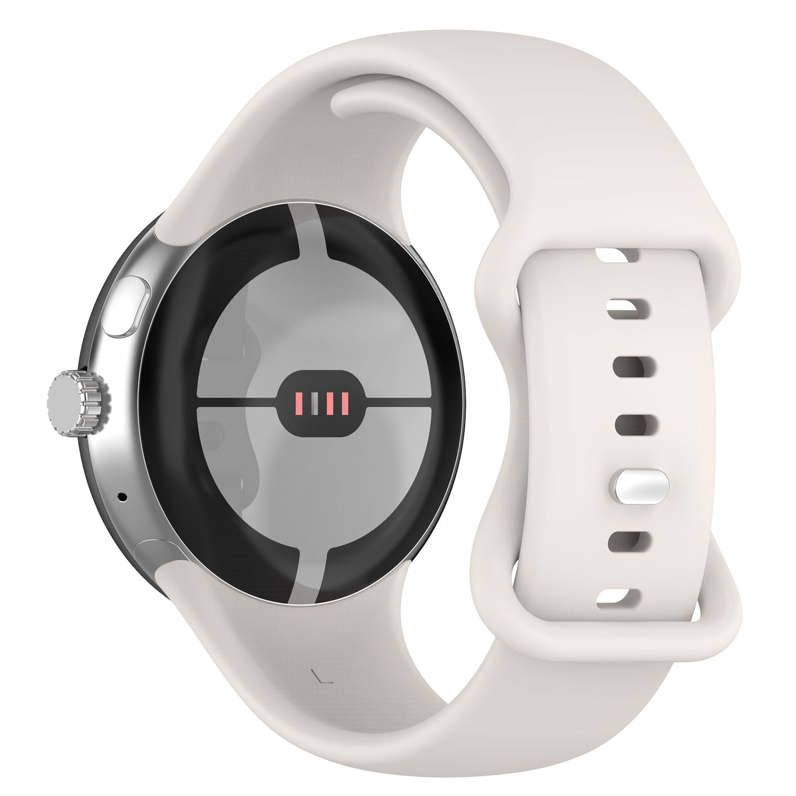 Eine weiße Smartwatch, die Rückseite ist sichtbar. Sie hat eine silberne Lünette, ein weißes Armband und ein schwarzes Display.