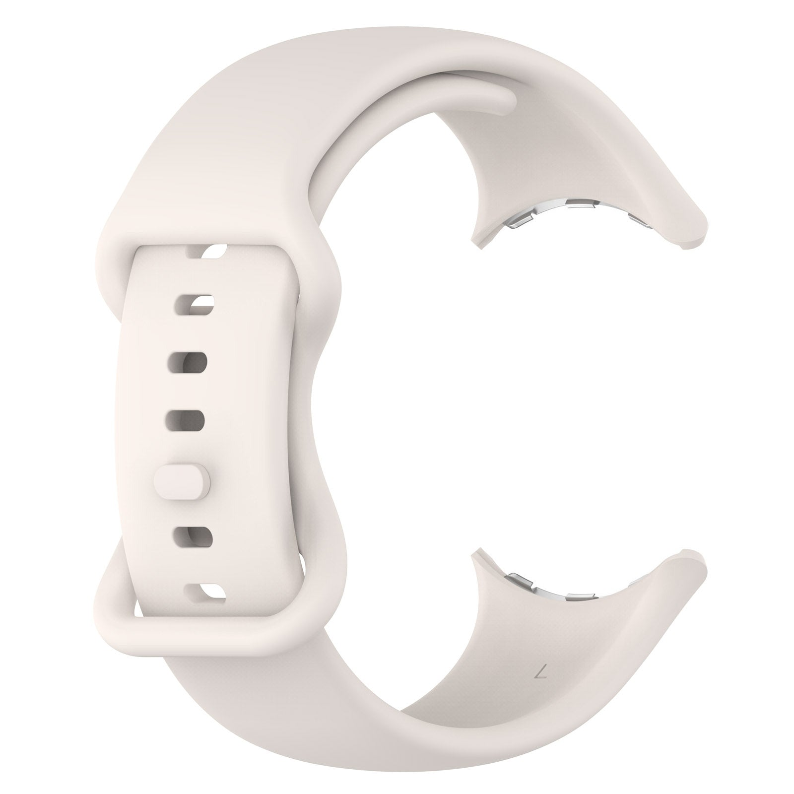 Ein weißes Uhrenarmband, gebogen. Es hat einen Schnallenteil mit Löchern und einen Verschluss. Die Enden haben Metalleinsätze.