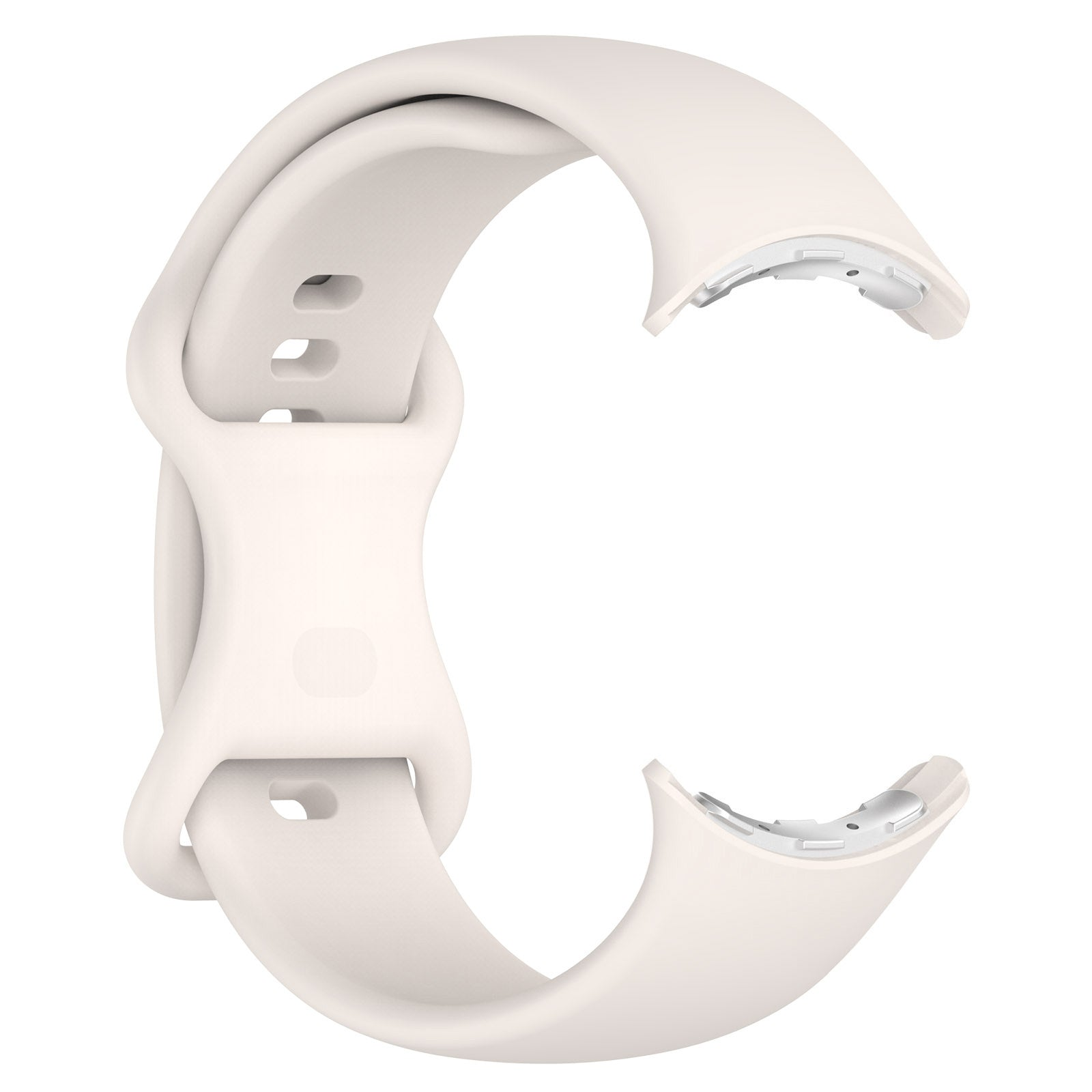 Ein hellbeige gebogenes Uhrenarmband. Es hat zwei Enden mit Metallbeschlägen. Das Armband wird durch einen zentralen Verschluss verbunden.