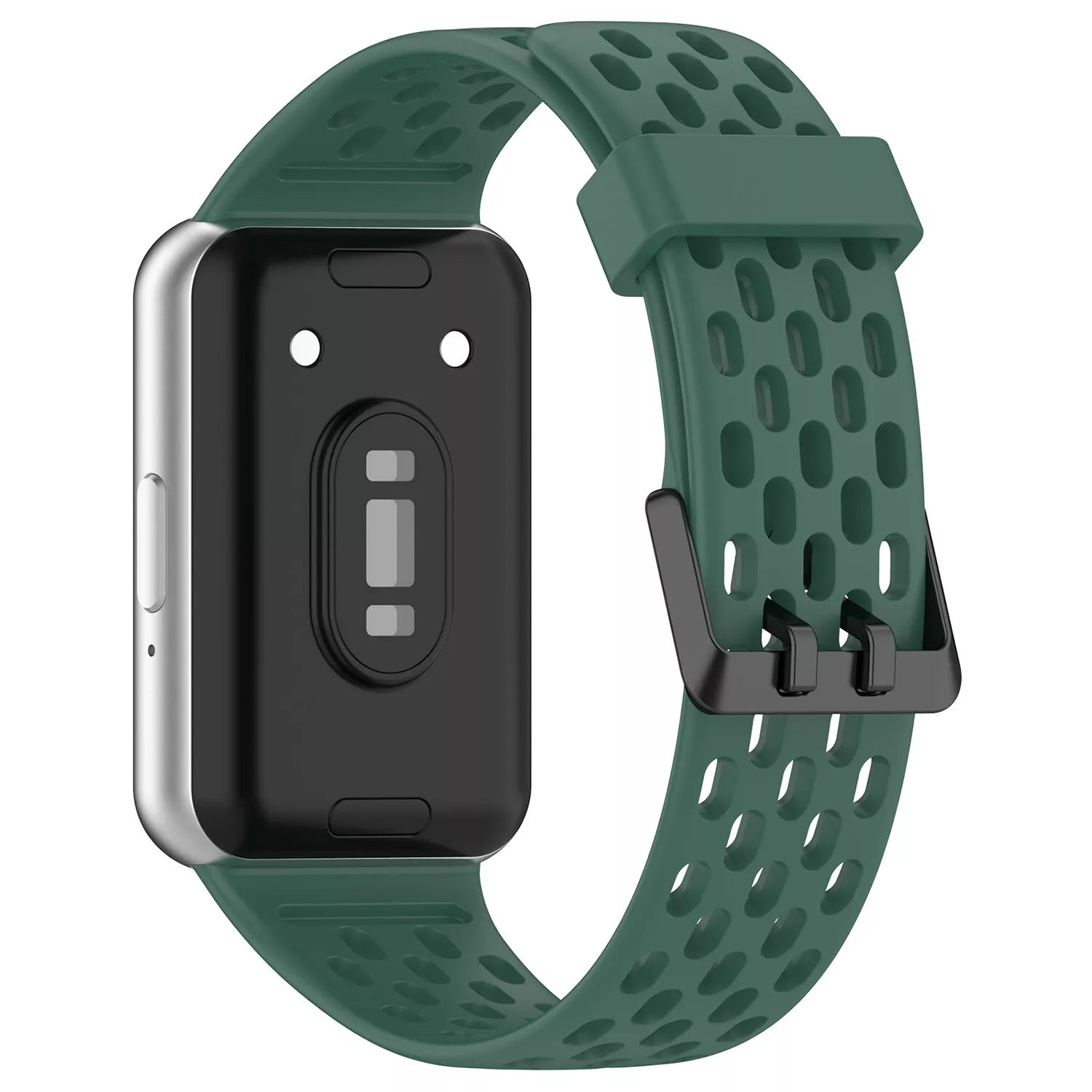 Grüne Smartwatch mit schwarzem Zifferblatt und silbernen Seiten. Das Armband ist grün mit schwarzer Schnalle.