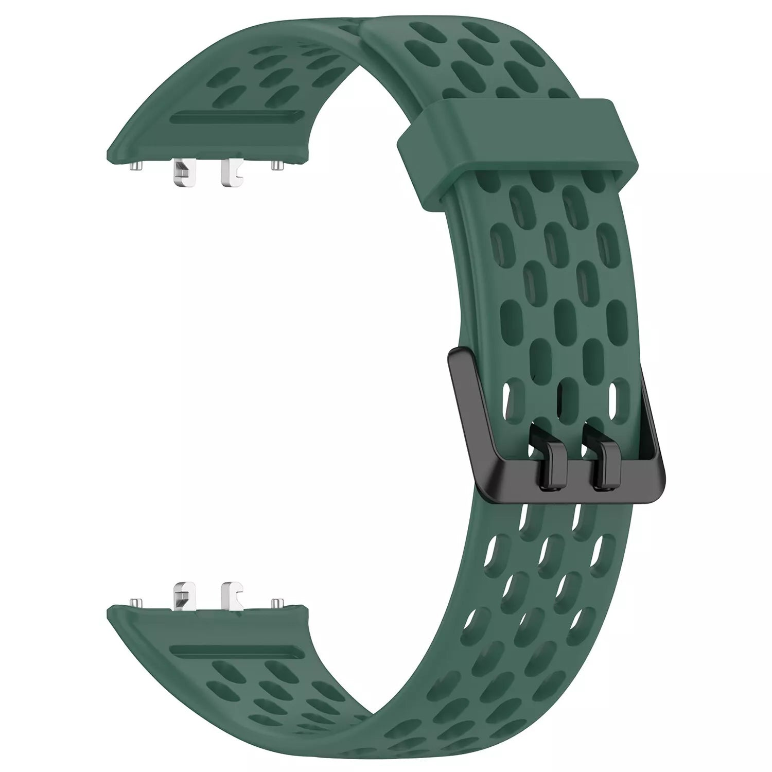 Grünes Uhrenarmband mit ovalen Perforationen und einer schwarzen Schnalle. Das Armband hat Metallverbinder und liegt auf weißem Hintergrund.