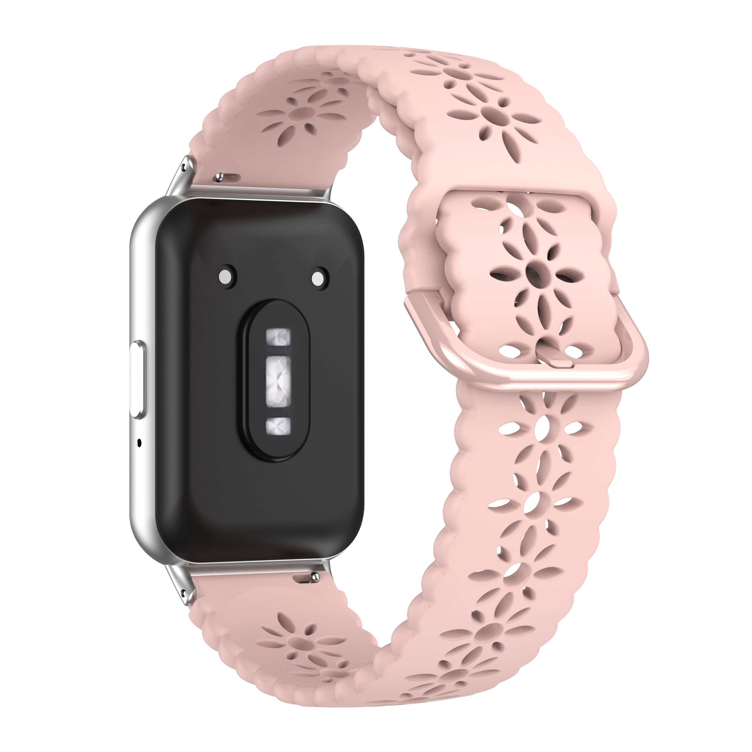 Eine rosa Smartwatch mit floral gemustertem Armband, silbernem Rahmen und schwarzer Rückseite, vor weißem Hintergrund.