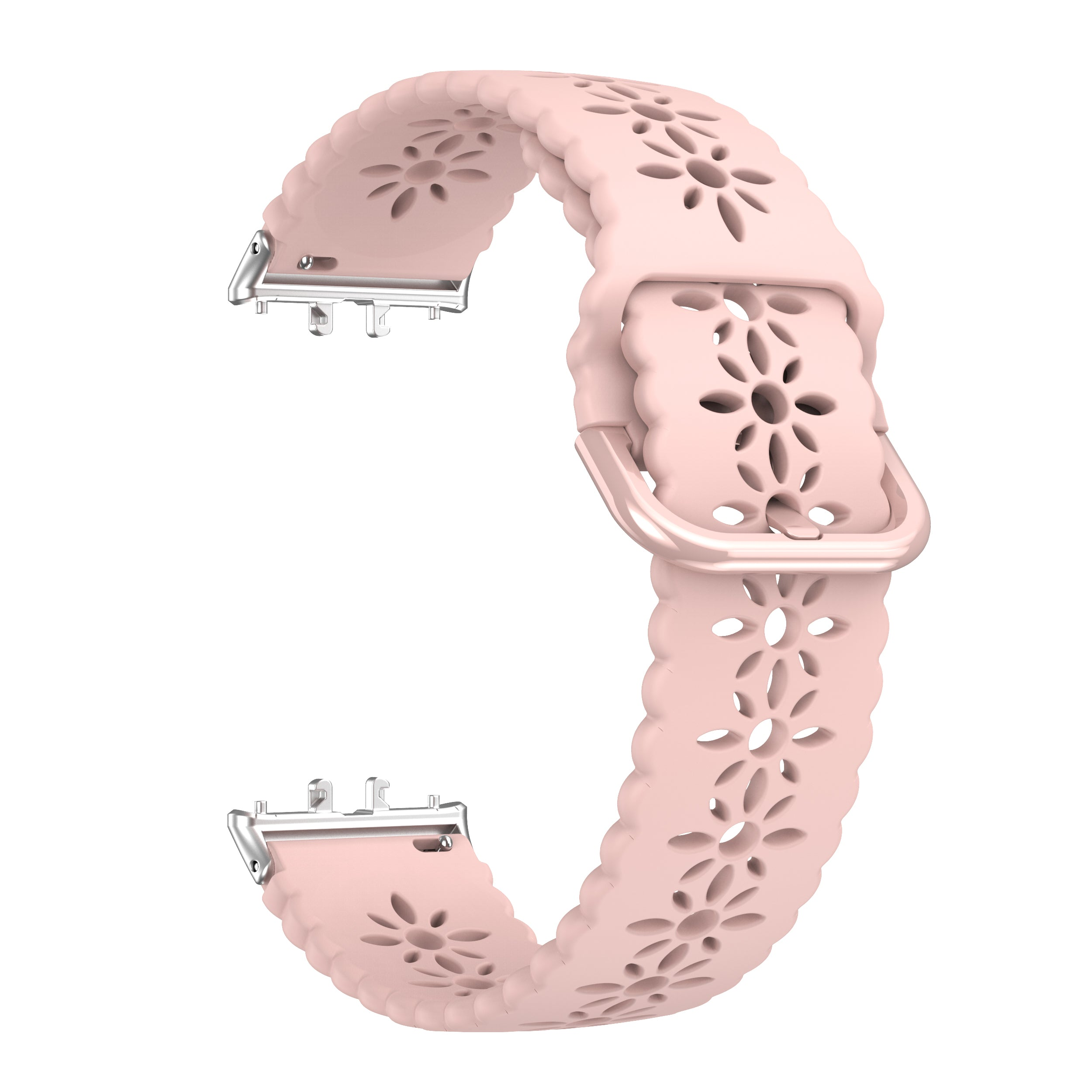Ein hellrosa Uhrenarmband mit floralem Design und silberfarbenen Metallverschlüssen. Das Armband befindet sich auf weißem Hintergrund.