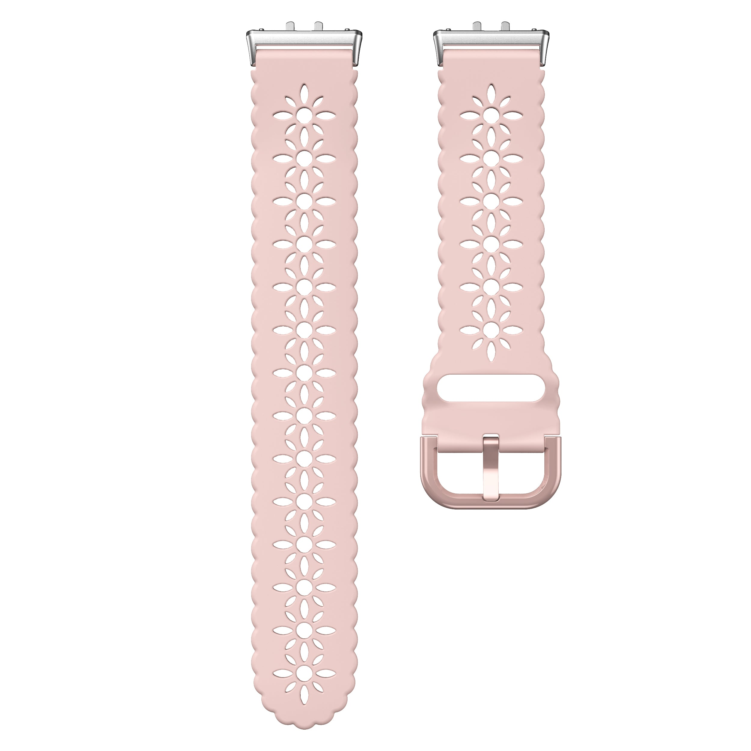 Zwei hellrosa Uhrenarmbänder. Jedes hat eine silberne Schließe und ein Blumenmuster. Ein Band hat eine Schnalle.