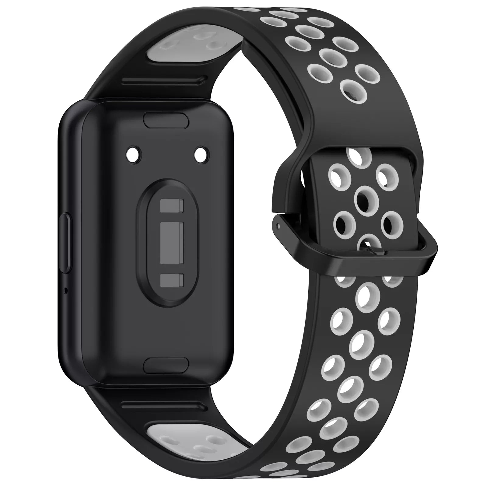 Schwarze Smartwatch mit perforiertem Armband. Das Armband ist schwarz mit weißen Löchern und Akzenten. Das Zifferblatt ist schwarz.